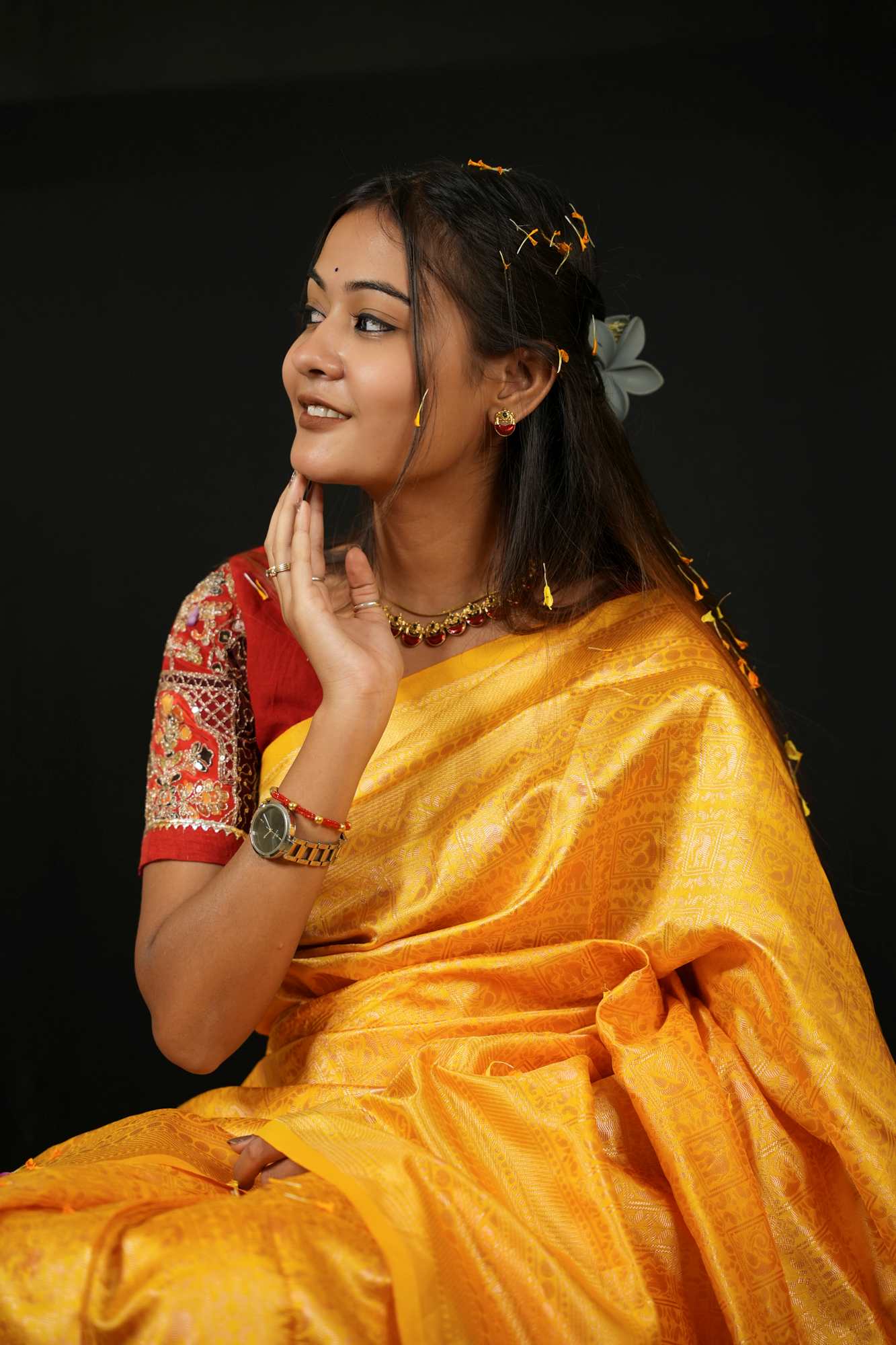 Soft Lichi Silk in Mustard Gold Ready To Wear Saree