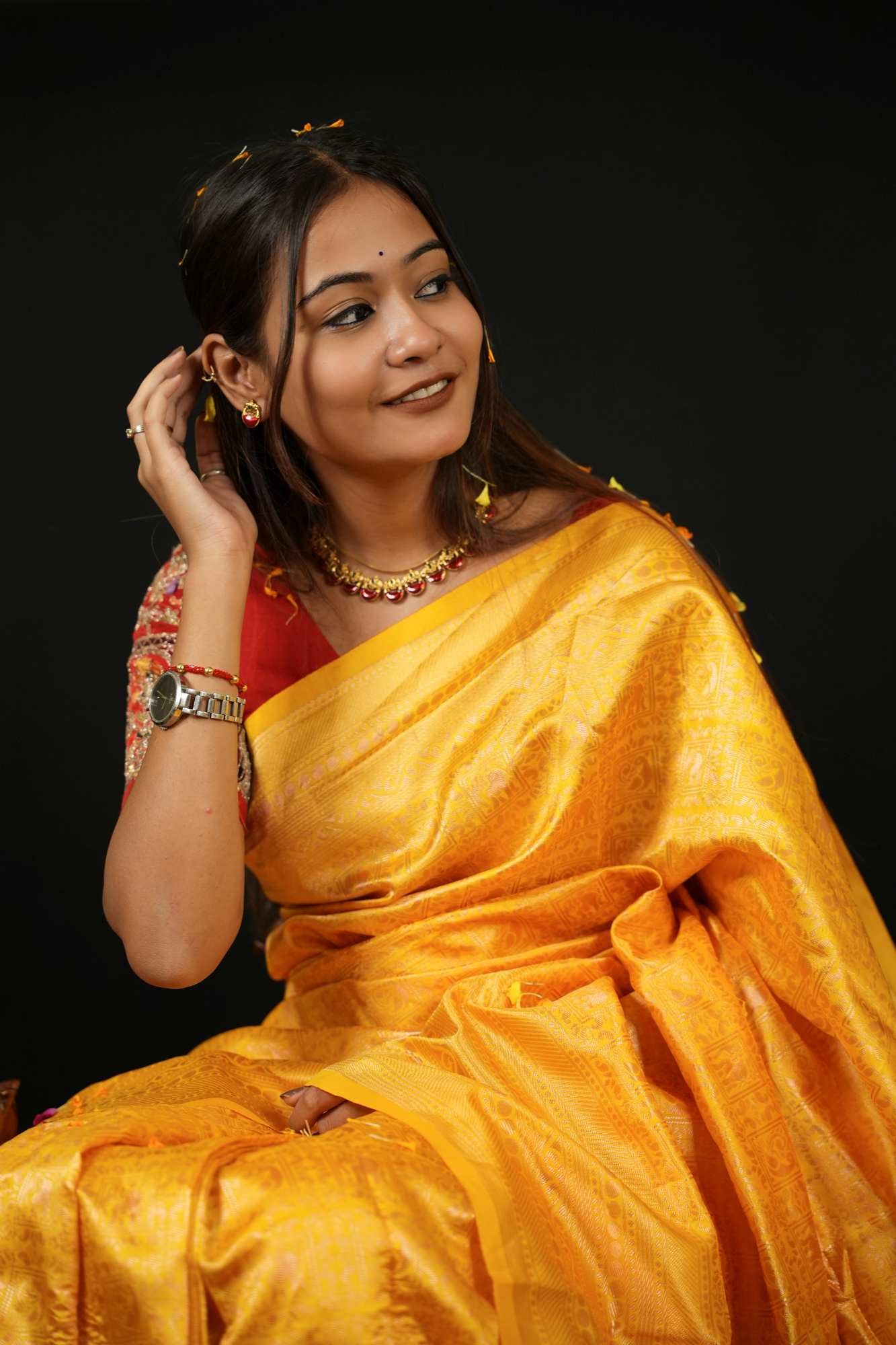 Soft Lichi Silk in Mustard Gold Ready To Wear Saree