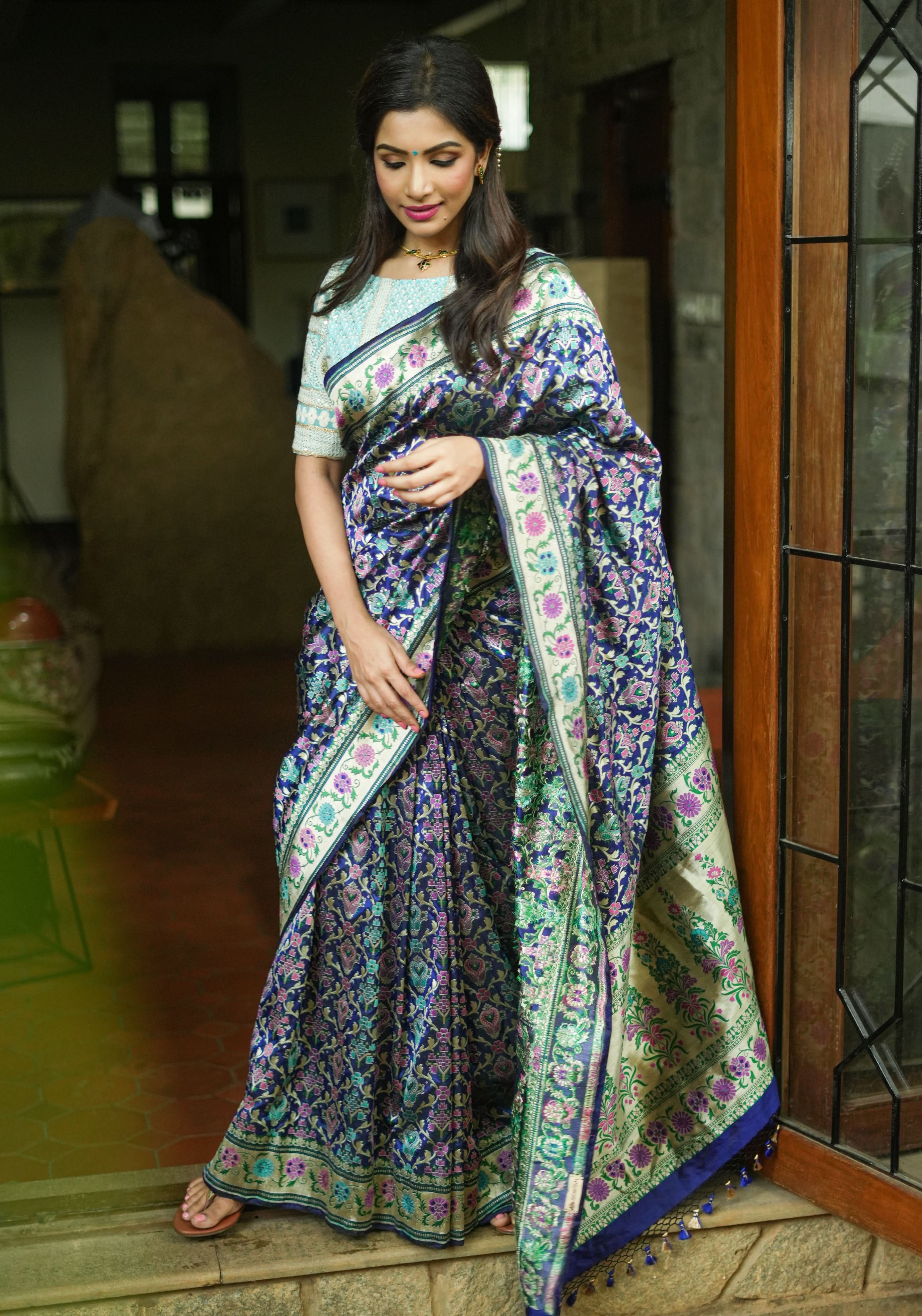 Exquisite Banarasi Patola Meenakari Katan Silk Saree in Blue with Intricate Pallu | SILK MARK CERTIFIED | Shobitam