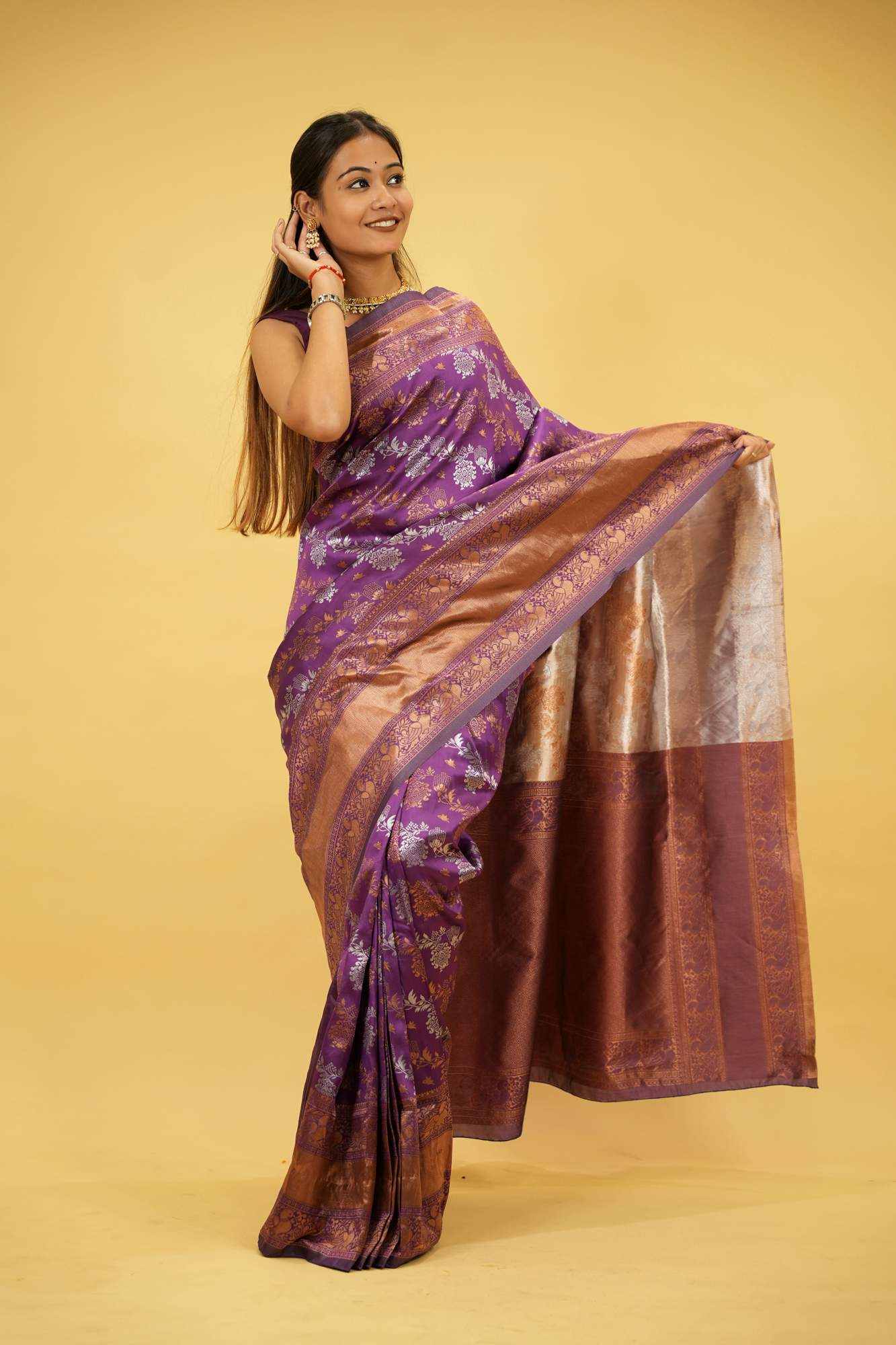 Soft Lichi Silk with Antique Zari & Peacock Motifs Ready To Wear Saree