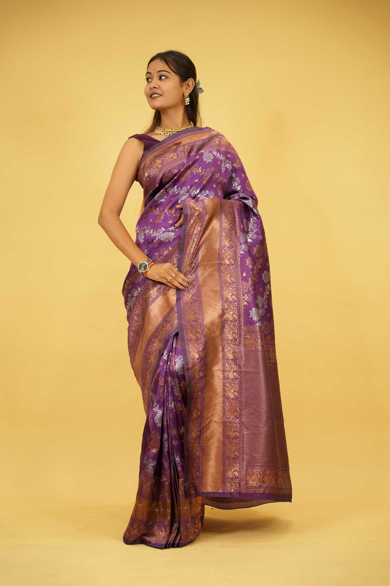 Soft Lichi Silk with Antique Zari & Peacock Motifs Ready To Wear Saree