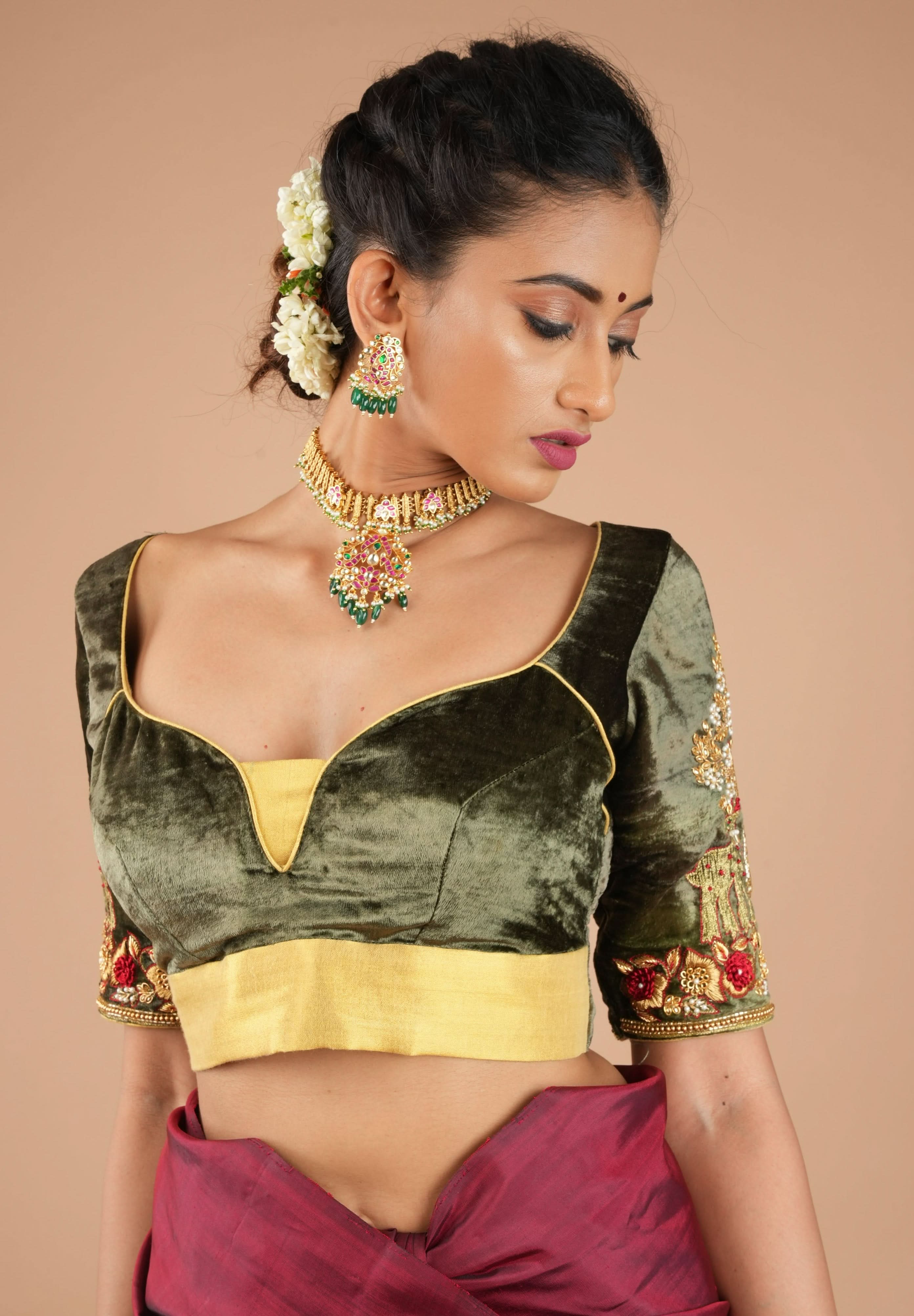 Patina Gray Velvet Blouse with Zardosi Meenakari Handwork, Mix and Match Blouse for Saree and Lehenga, Customizable, Made to Order | Shobitam