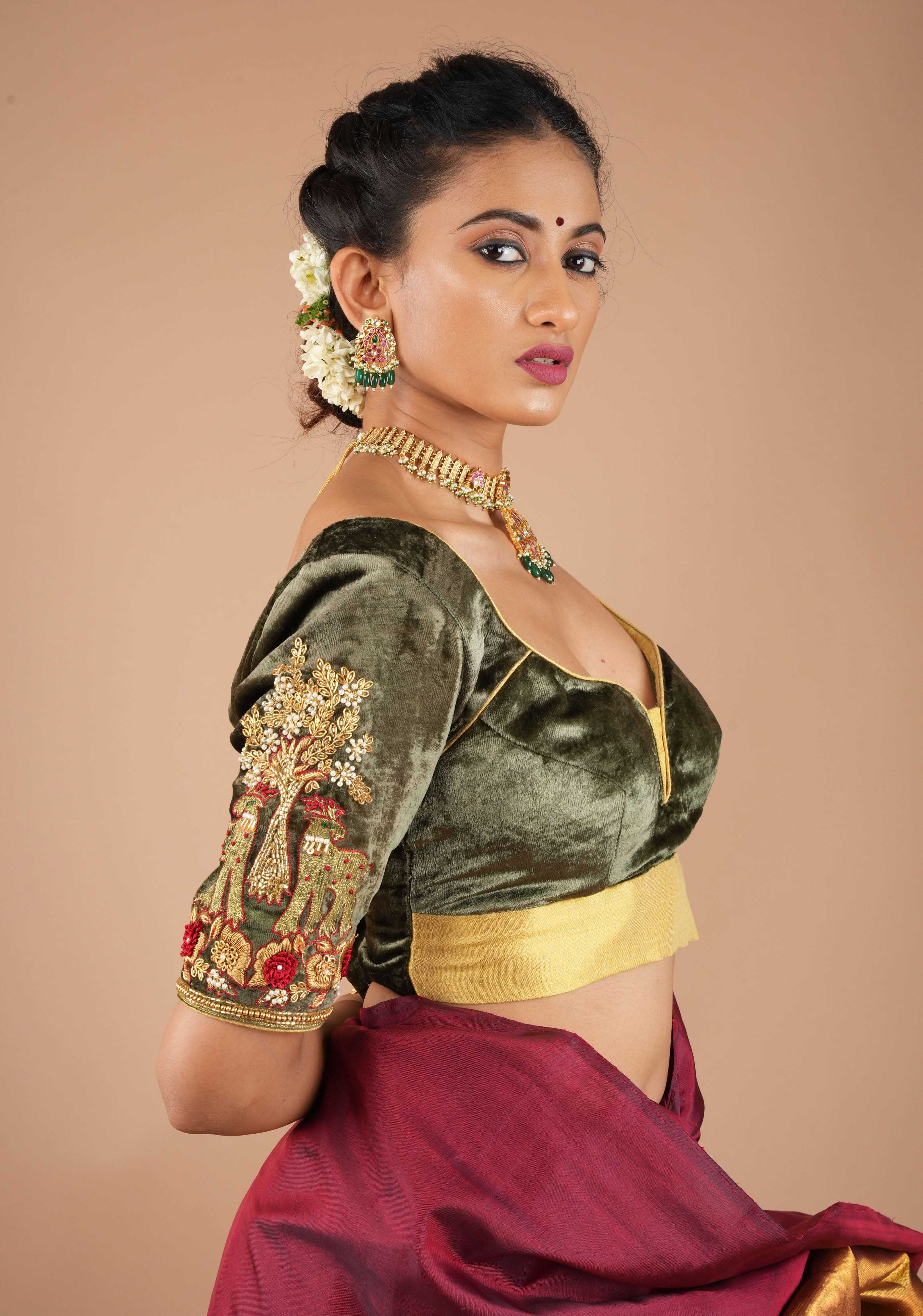 Patina Gray Velvet Blouse with Zardosi Meenakari Handwork, Mix and Match Blouse for Saree and Lehenga, Customizable, Made to Order | Shobitam