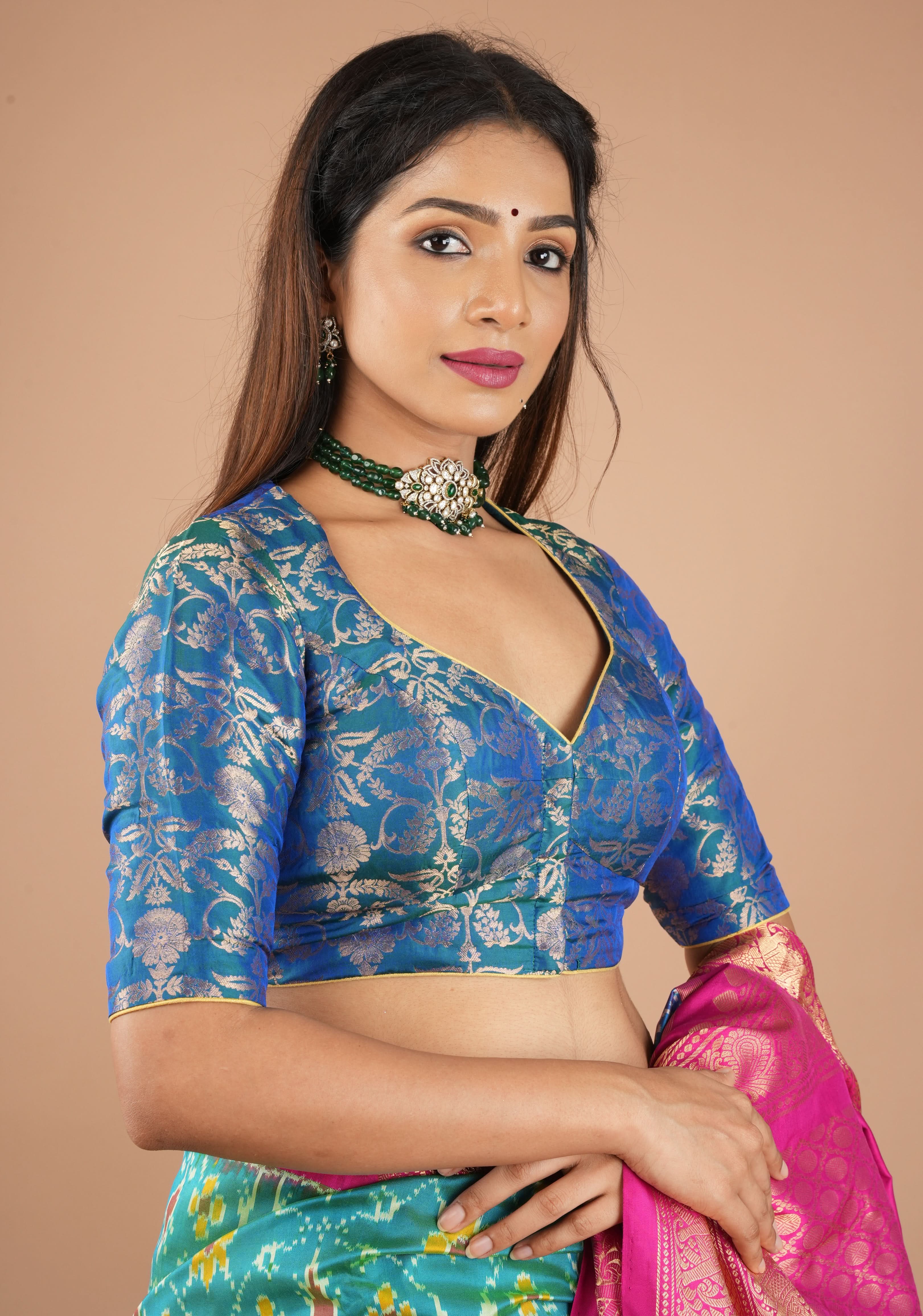 Peacock Blue Green Banarasi Pure Silk Brocade Blouse,customizable, made-to-order | Shobitam