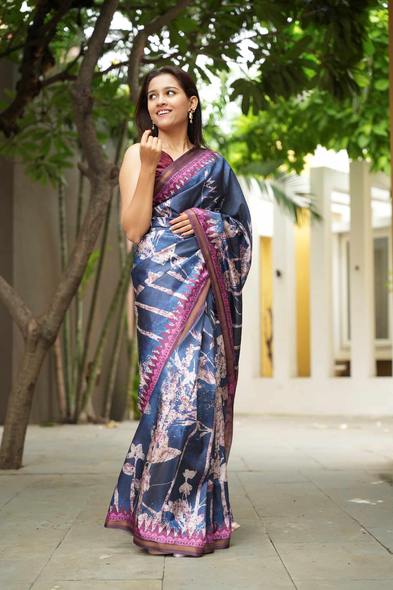 Indigo Bloom Crepe with Abstract Floral & Geometric Prints Ready To Wear Saree