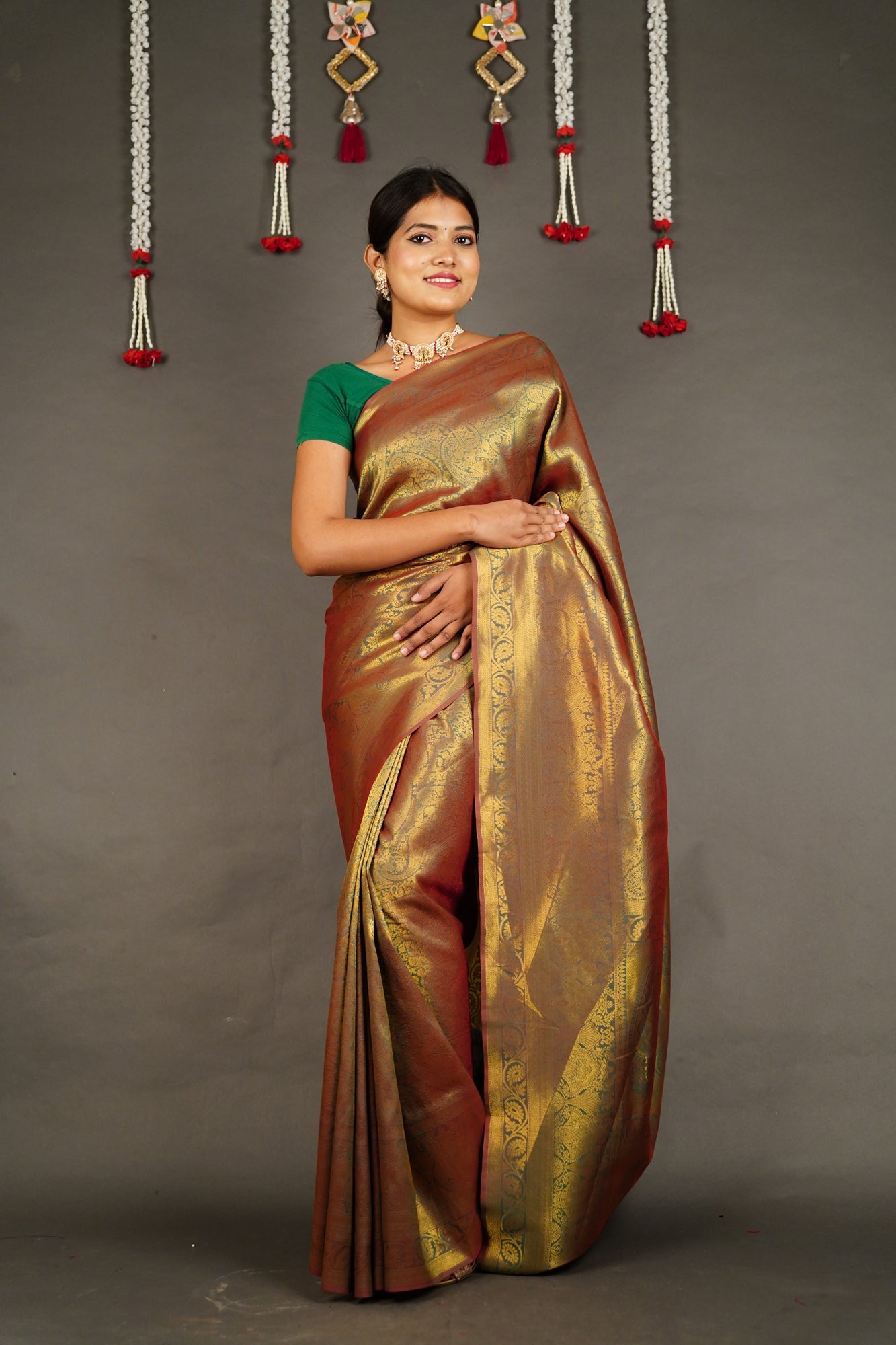 Ready To Wear Dhoop Chaanv Kanchipuram Olive Green Wrap in 1 minute saree With Readymade Blouse - Isadora Life Online Shopping Store