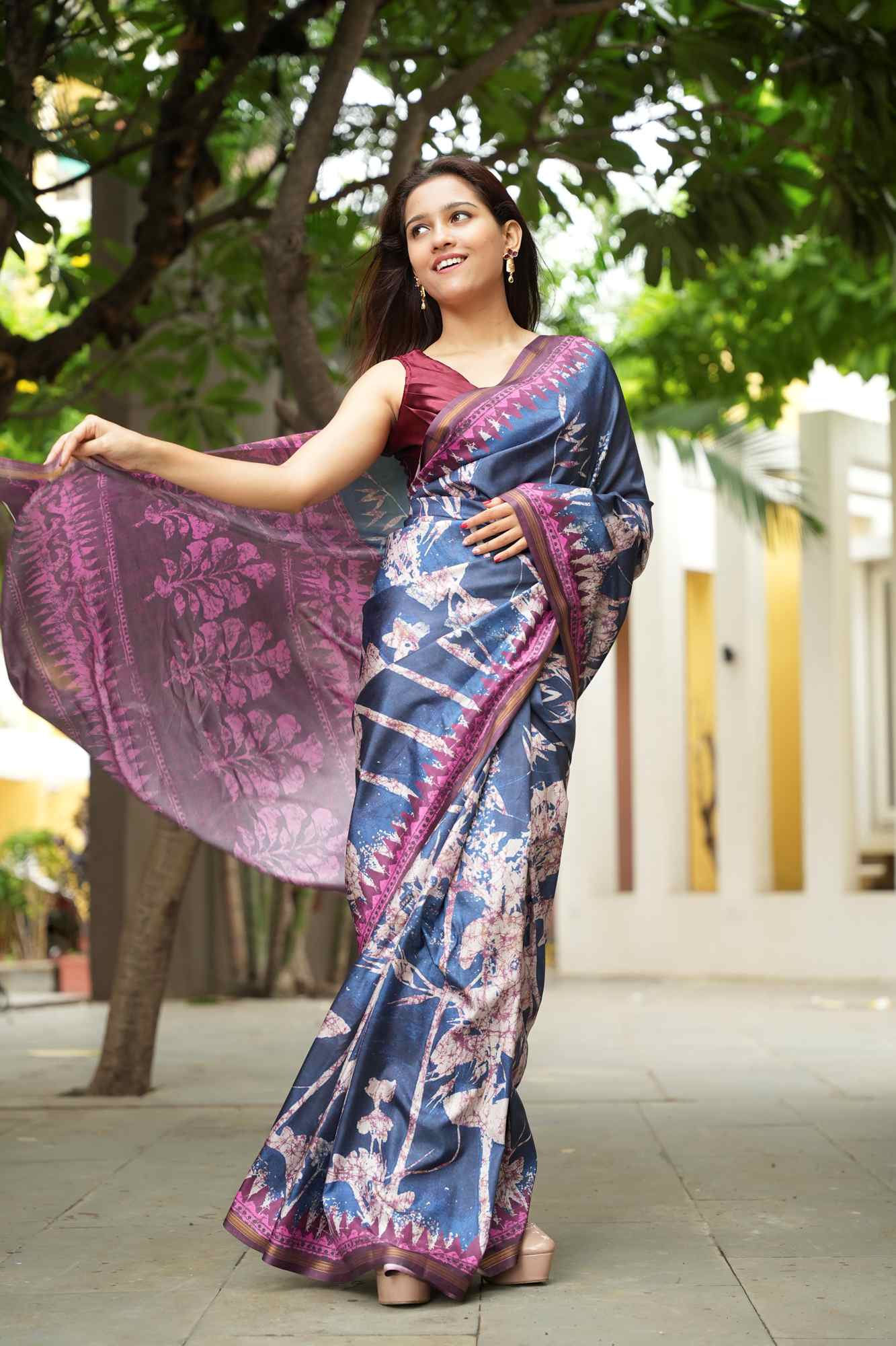 Indigo Bloom Crepe with Abstract Floral & Geometric Prints Ready To Wear Saree