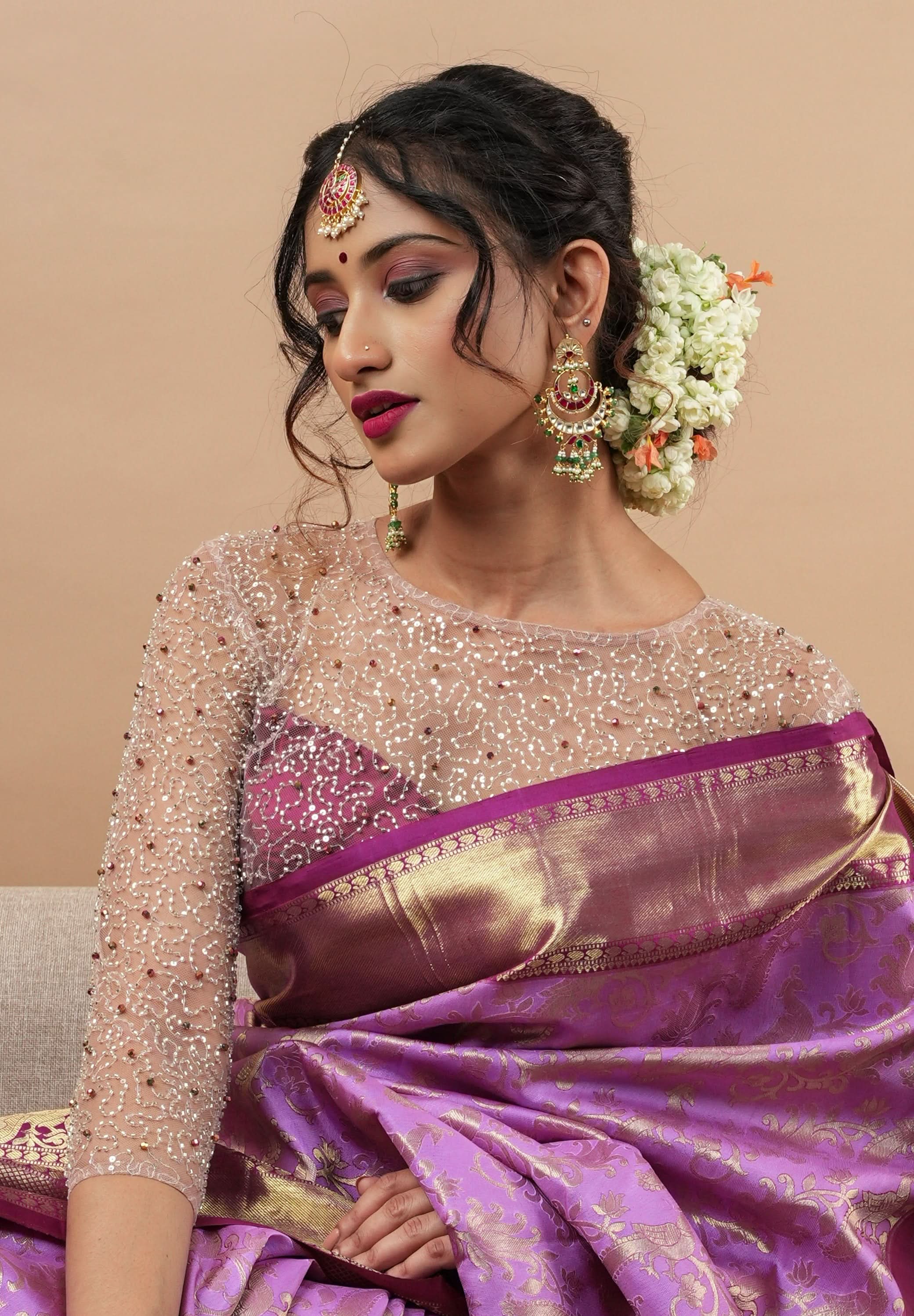 Illusion Neck Blouse with 3/4th sleeves with Heavy Cutdana and Sequins in Ivory and Plum, Made to Order | Shobitam
