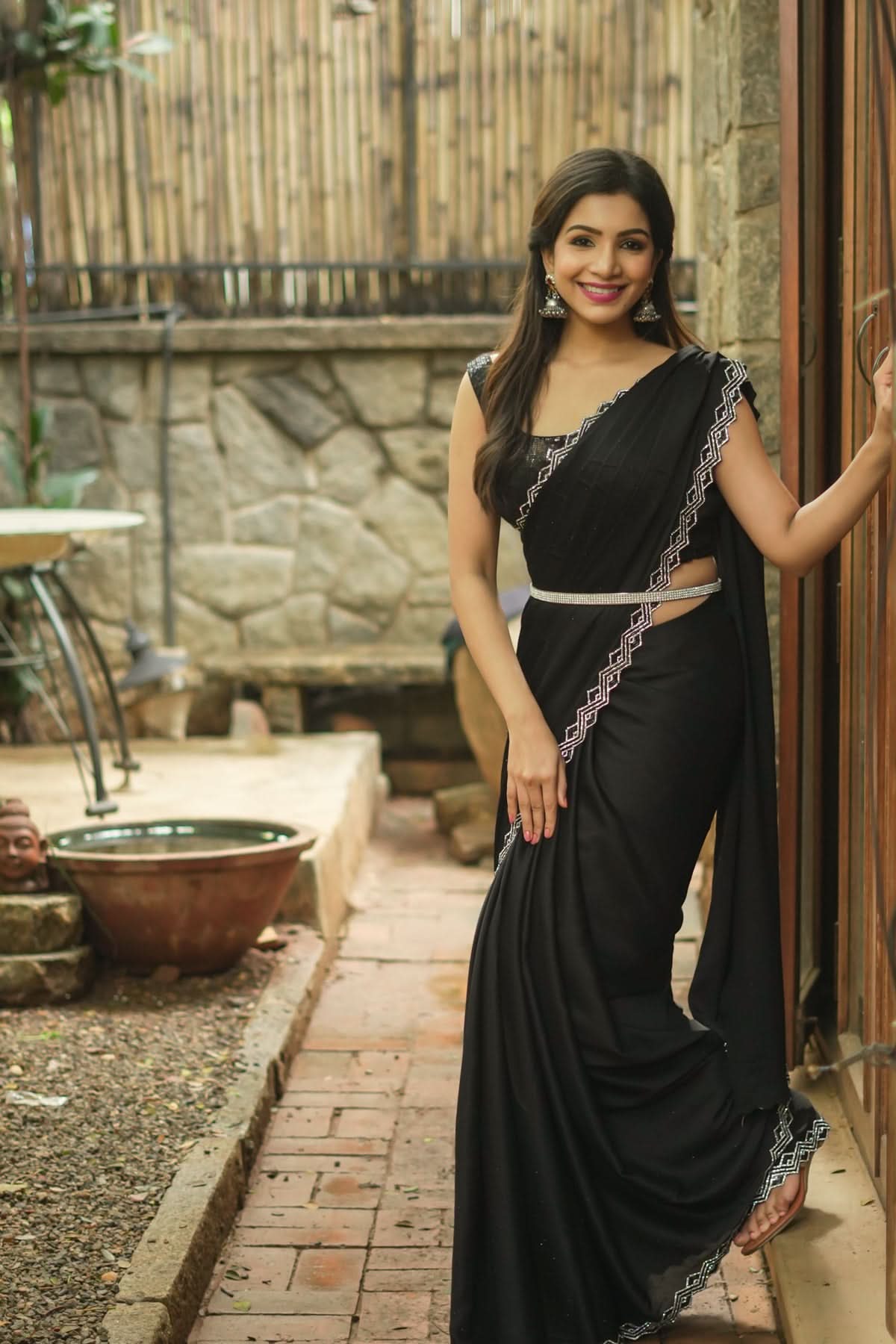 Shamoo Satin Silk saree in Black with elegant crystal work | Shobitam