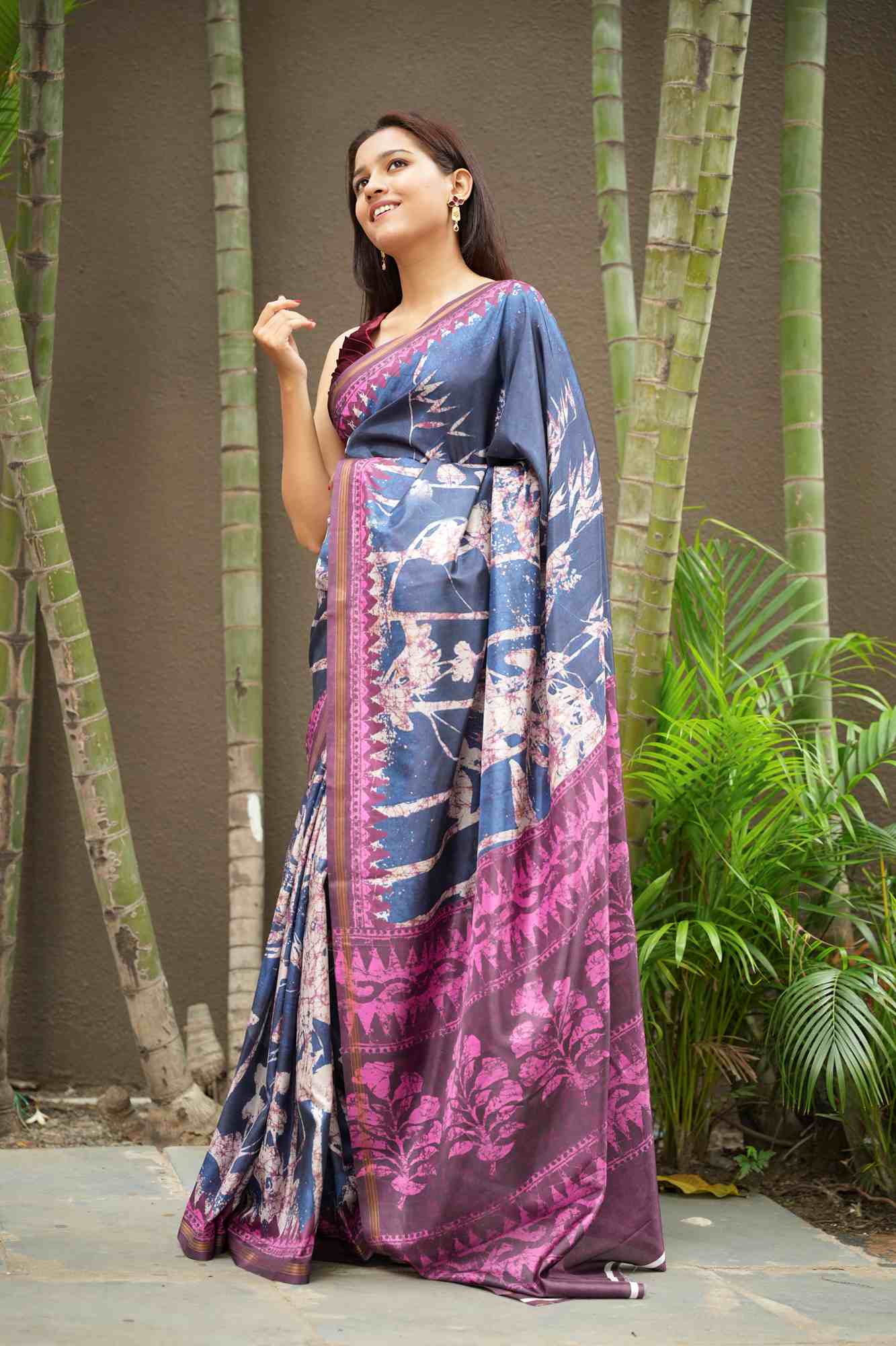 Indigo Bloom Crepe with Abstract Floral & Geometric Prints Ready To Wear Saree