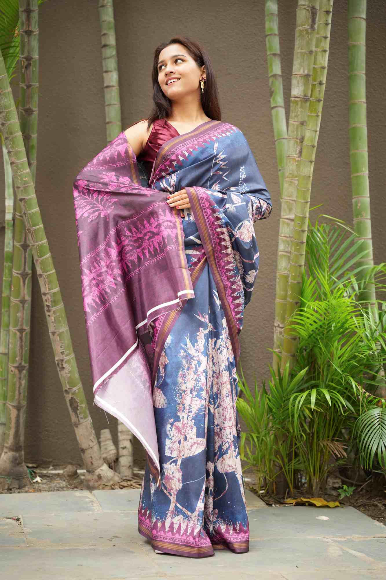 Indigo Bloom Crepe with Abstract Floral & Geometric Prints Ready To Wear Saree