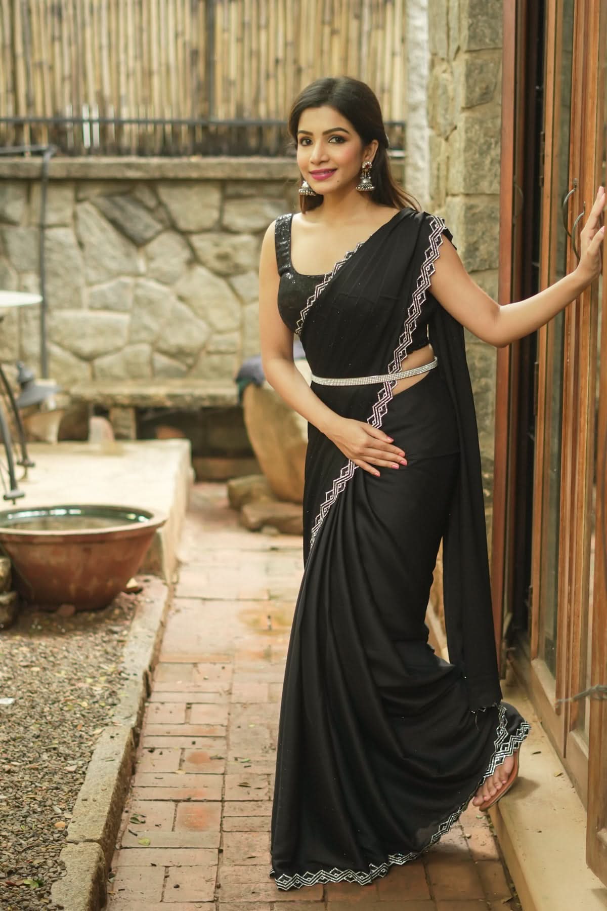 Shamoo Satin Silk saree in Black with elegant crystal work | Shobitam