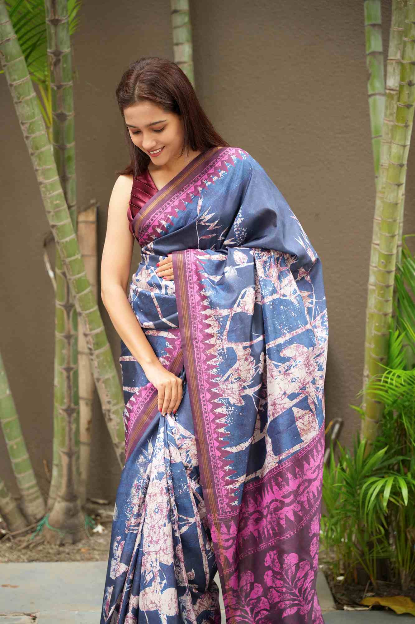 Indigo Bloom Crepe with Abstract Floral & Geometric Prints Ready To Wear Saree