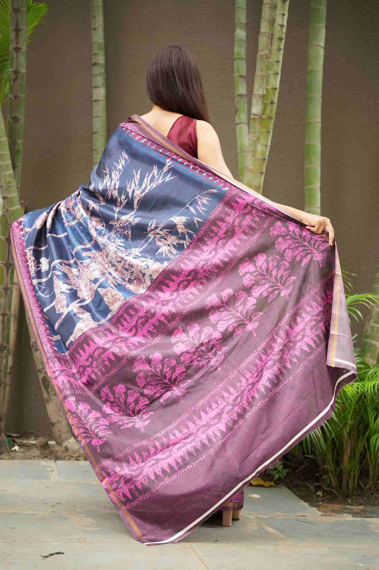 Indigo Bloom Crepe with Abstract Floral & Geometric Prints Ready To Wear Saree