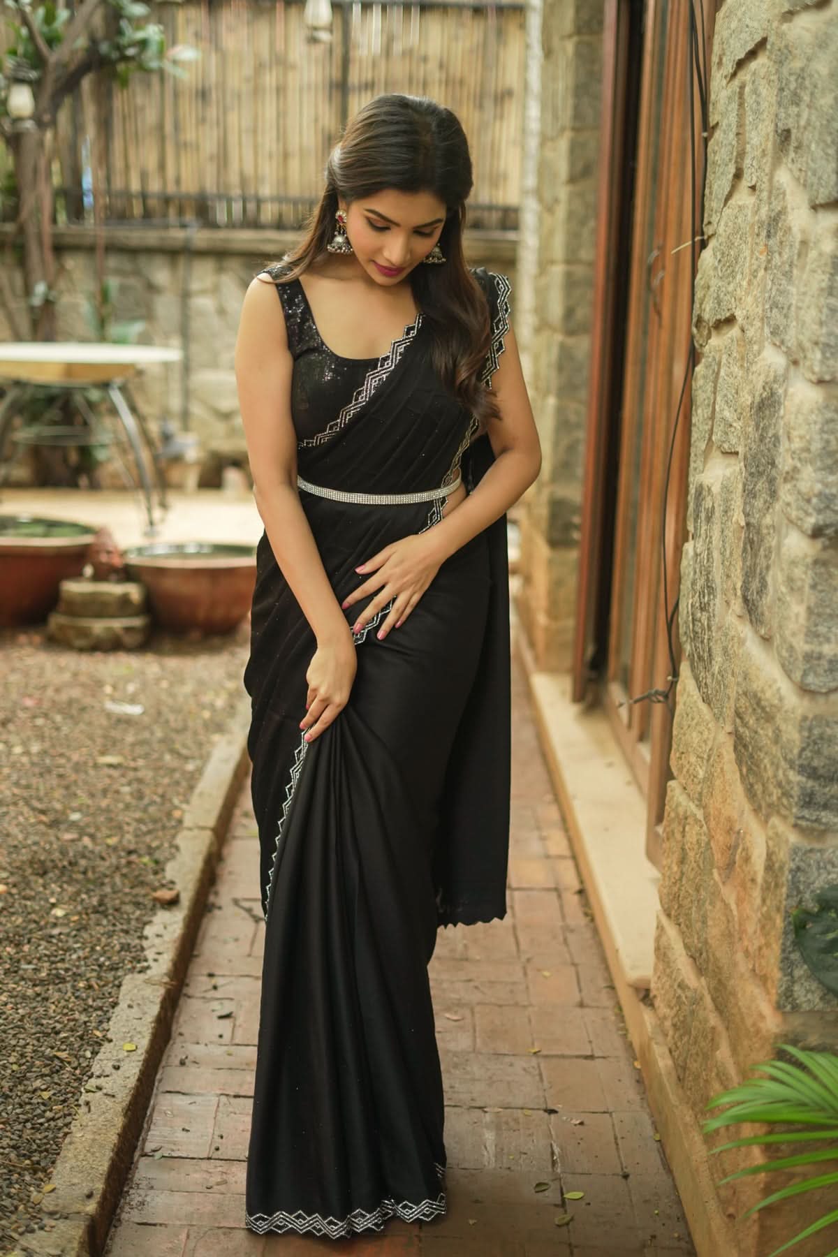 Shamoo Satin Silk saree in Black with elegant crystal work | Shobitam