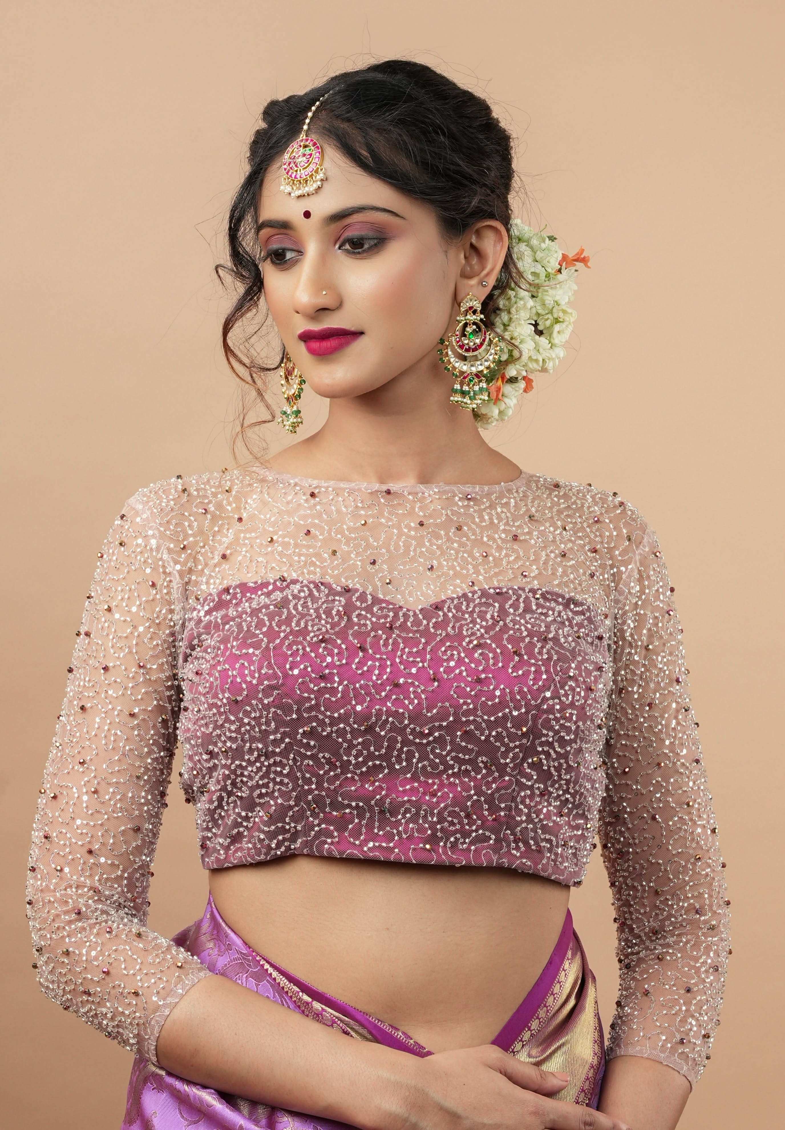 Illusion Neck Blouse with 3/4th sleeves with Heavy Cutdana and Sequins in Ivory and Plum, Made to Order | Shobitam