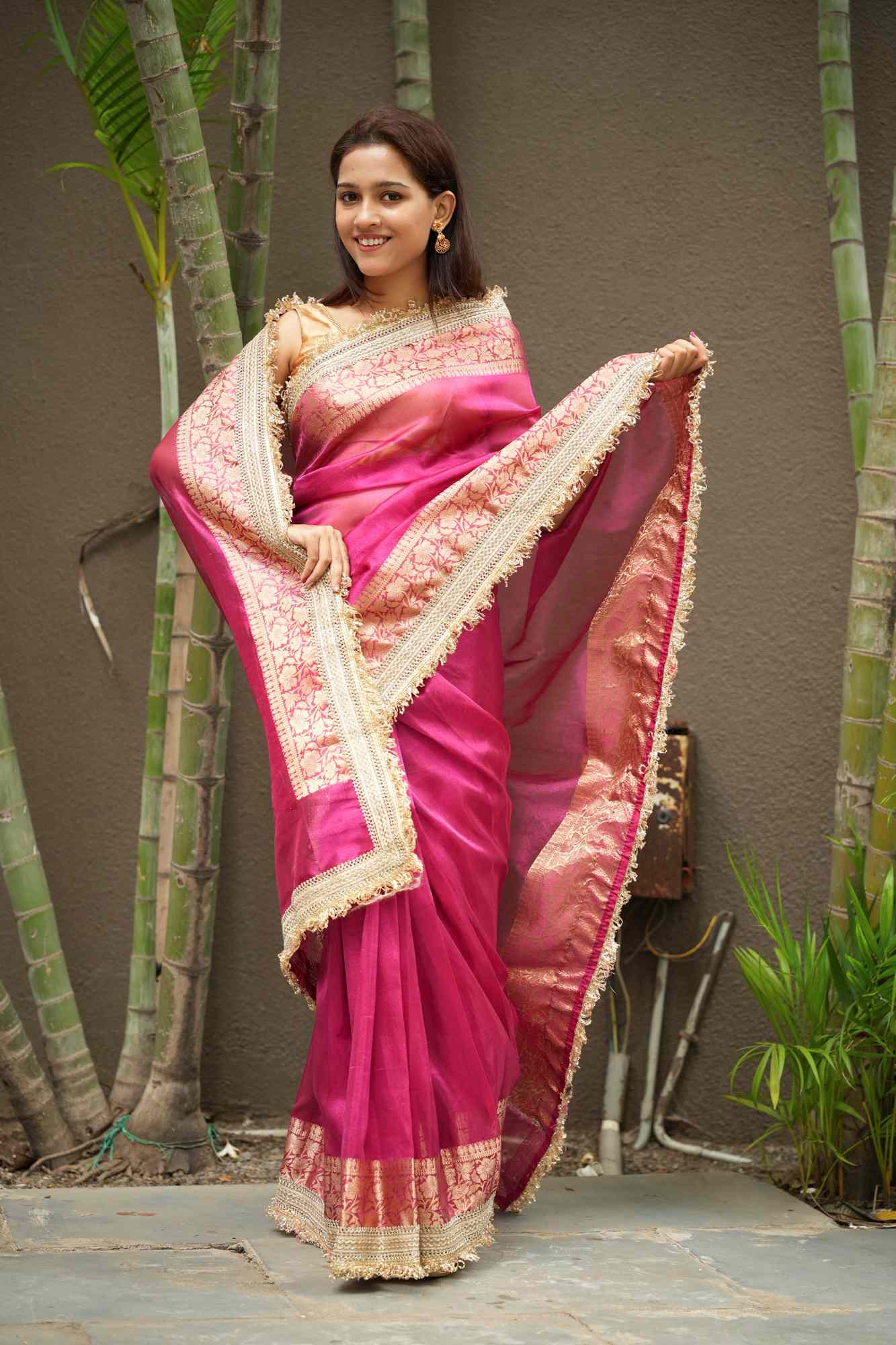 Rani Pink Banarasi-Inspired Tissue Silk with Zari-Embroidered Border Ready To Wear Saree
