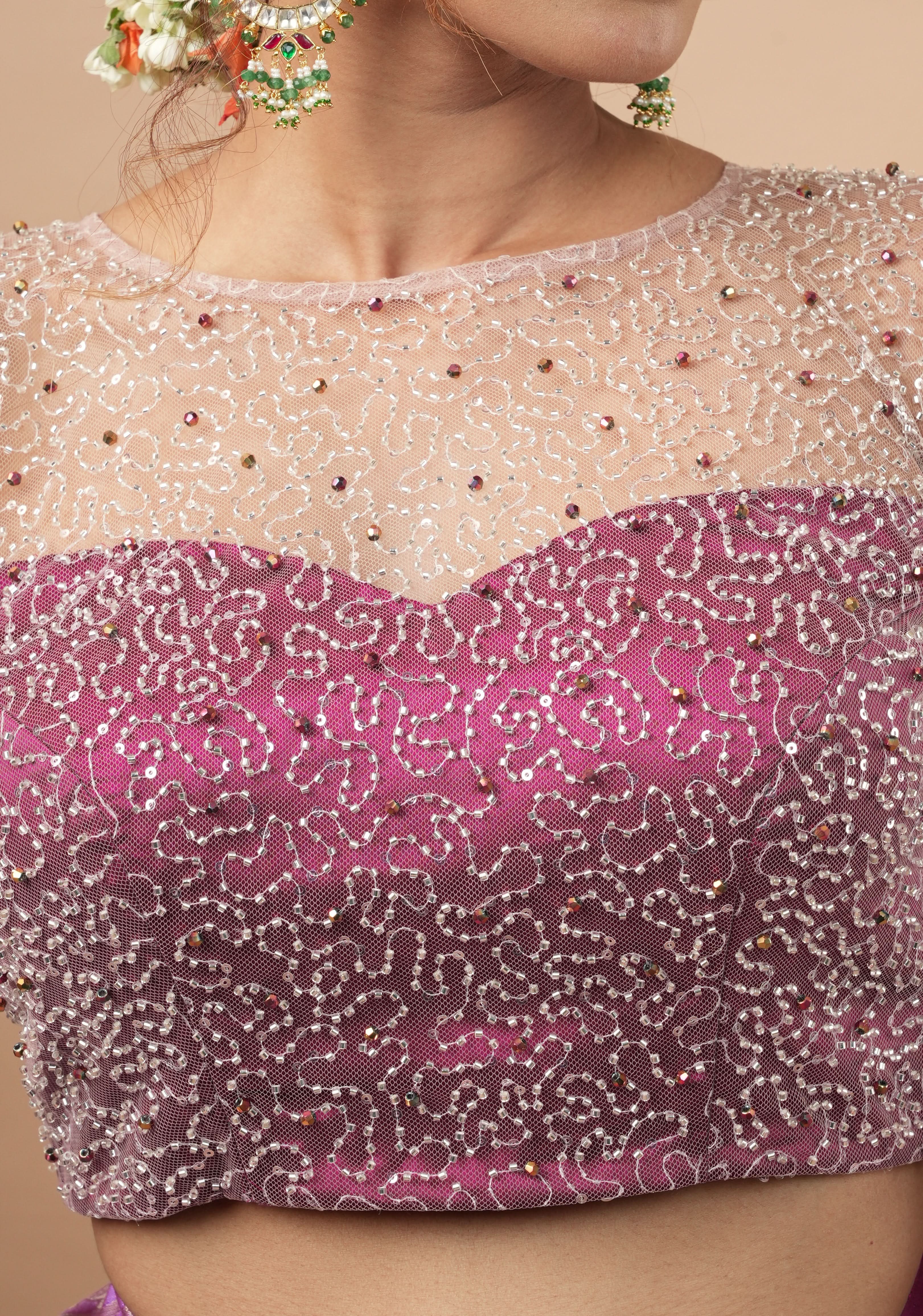 Illusion Neck Blouse with 3/4th sleeves with Heavy Cutdana and Sequins in Ivory and Plum, Made to Order | Shobitam