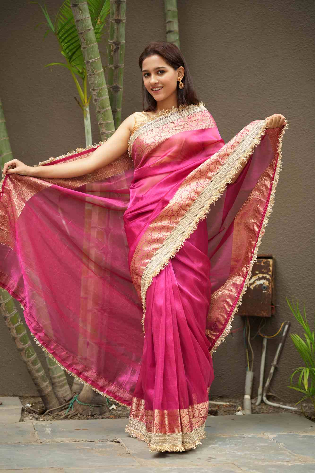 Rani Pink Banarasi-Inspired Tissue Silk with Zari-Embroidered Border Ready To Wear Saree