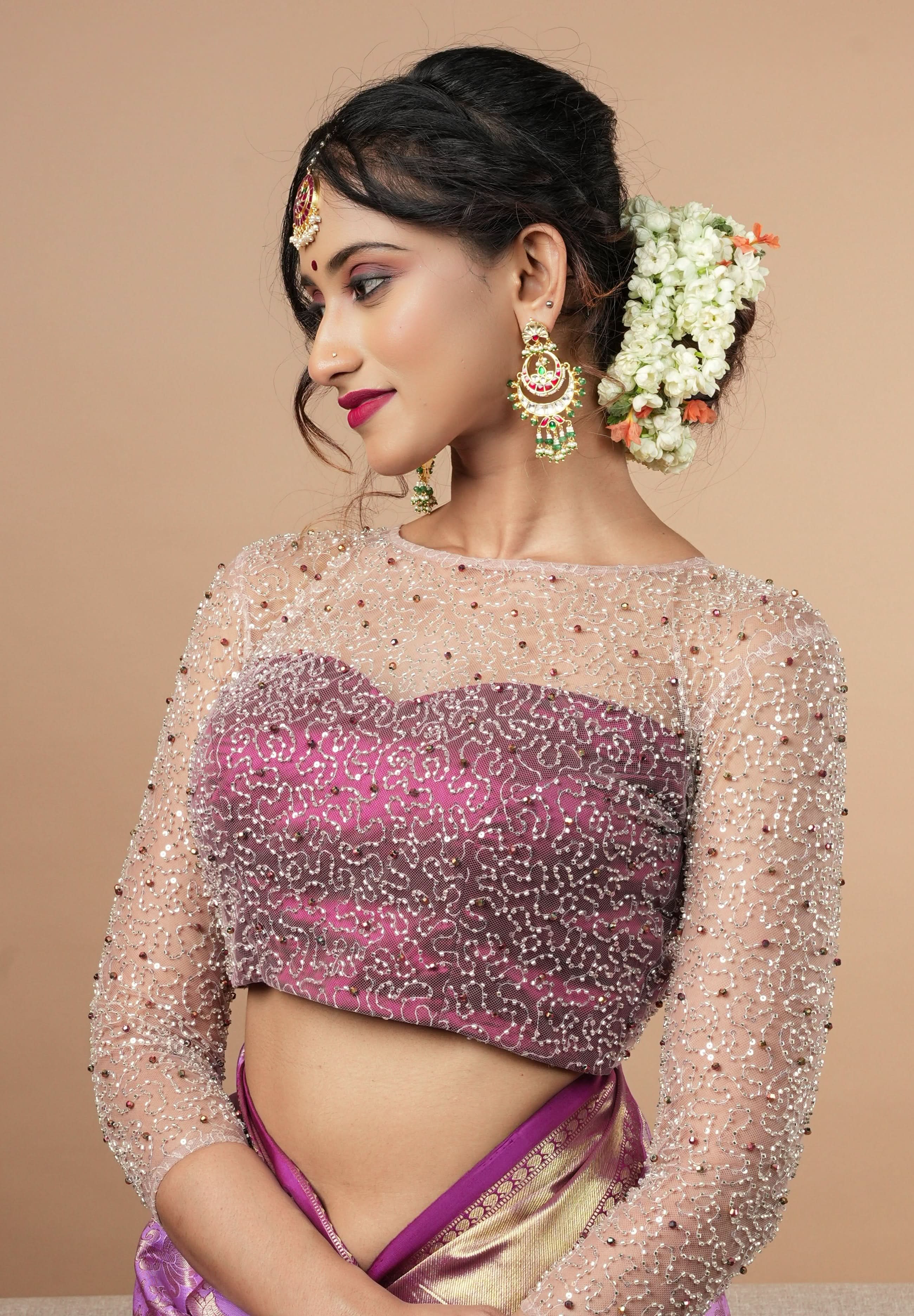 Illusion Neck Blouse with 3/4th sleeves with Heavy Cutdana and Sequins in Ivory and Plum, Made to Order | Shobitam