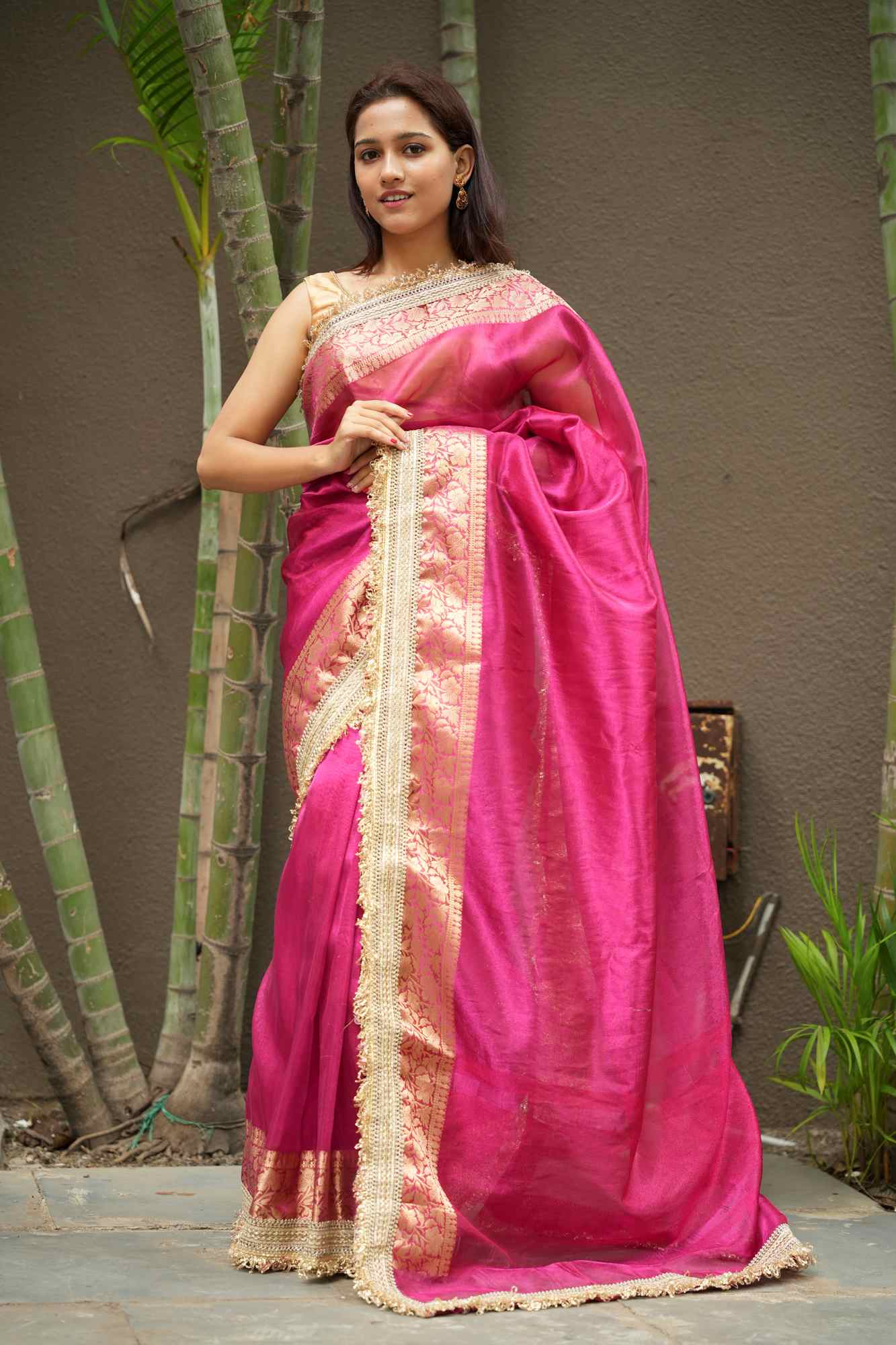 Rani Pink Banarasi-Inspired Tissue Silk with Zari-Embroidered Border Ready To Wear Saree