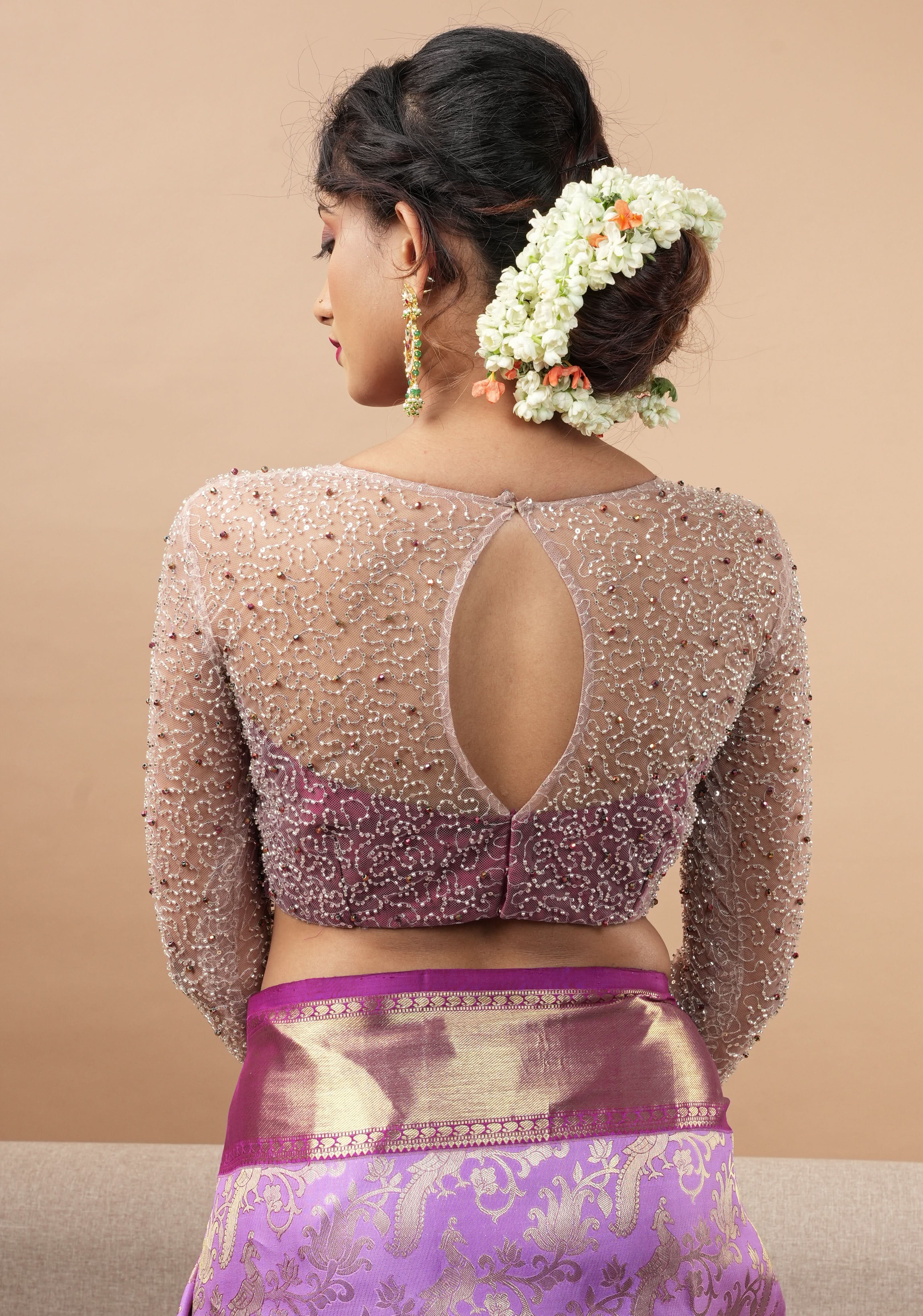 Illusion Neck Blouse with 3/4th sleeves with Heavy Cutdana and Sequins in Ivory and Plum, Made to Order | Shobitam