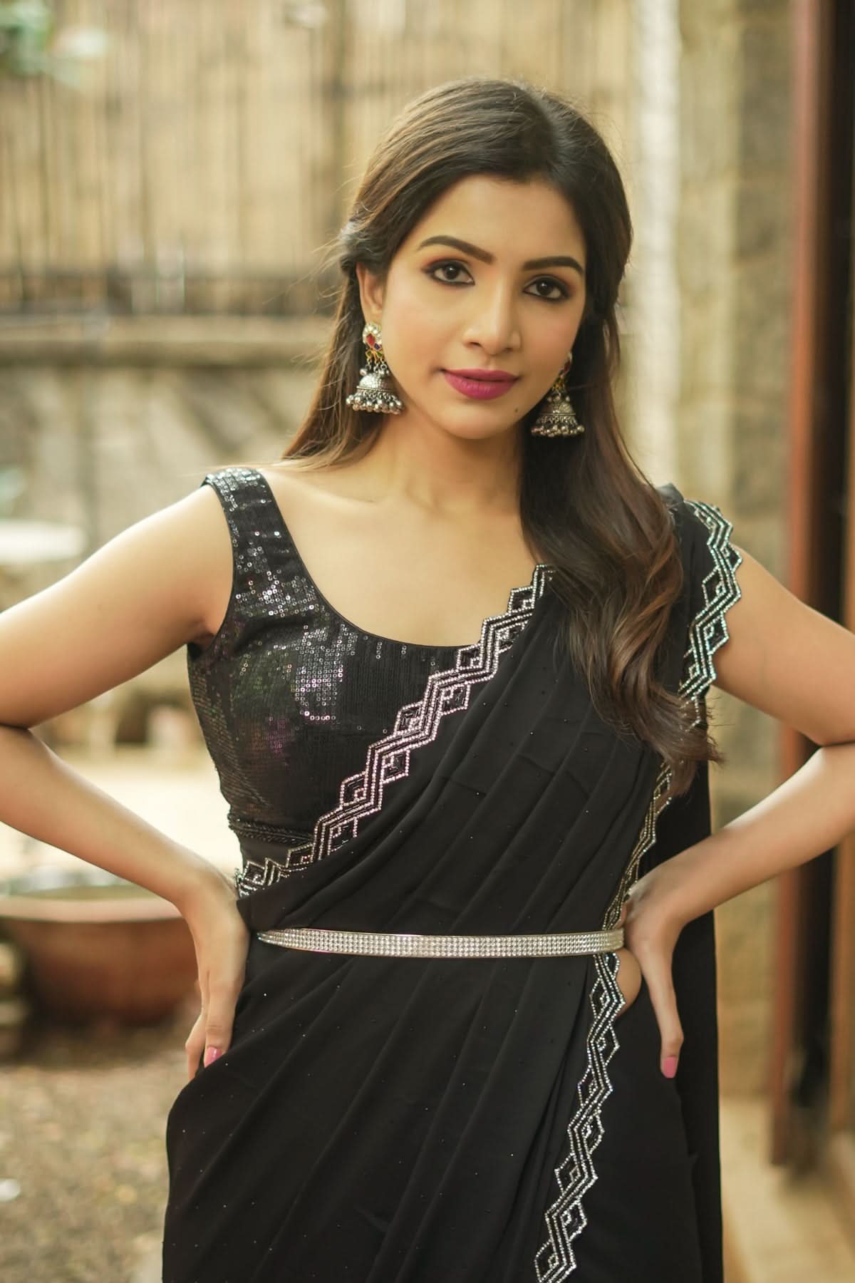 Shamoo Satin Silk saree in Black with elegant crystal work | Shobitam
