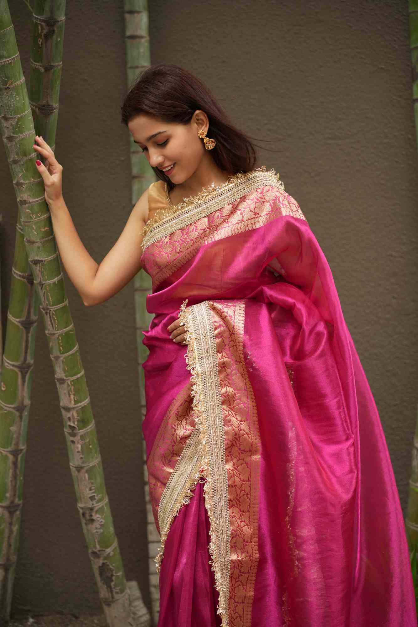Rani Pink Banarasi-Inspired Tissue Silk with Zari-Embroidered Border Ready To Wear Saree