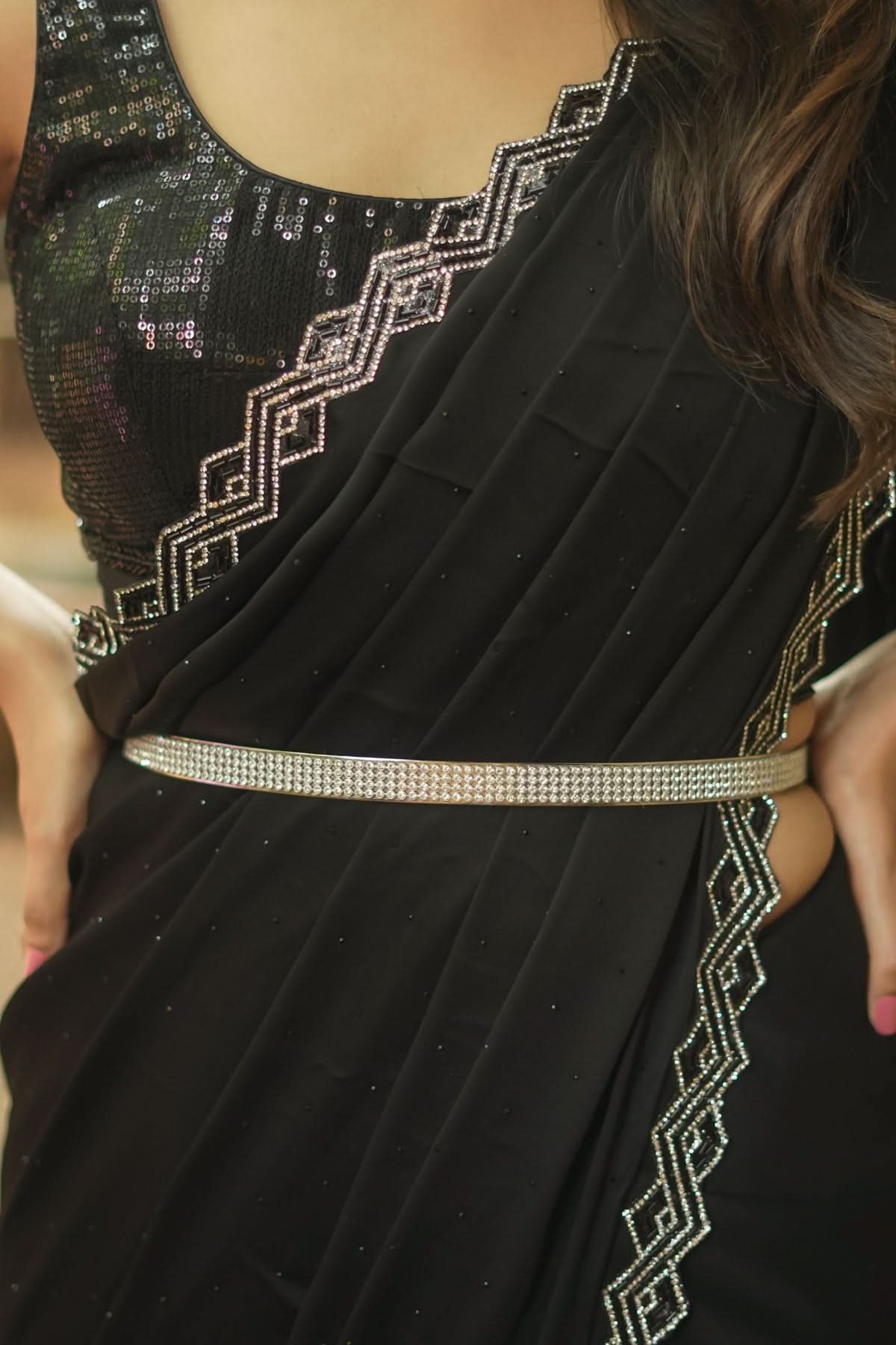 Shamoo Satin Silk saree in Black with elegant crystal work | Shobitam
