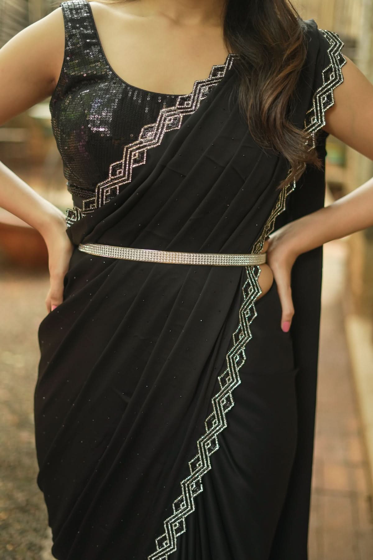 Shamoo Satin Silk saree in Black with elegant crystal work | Shobitam