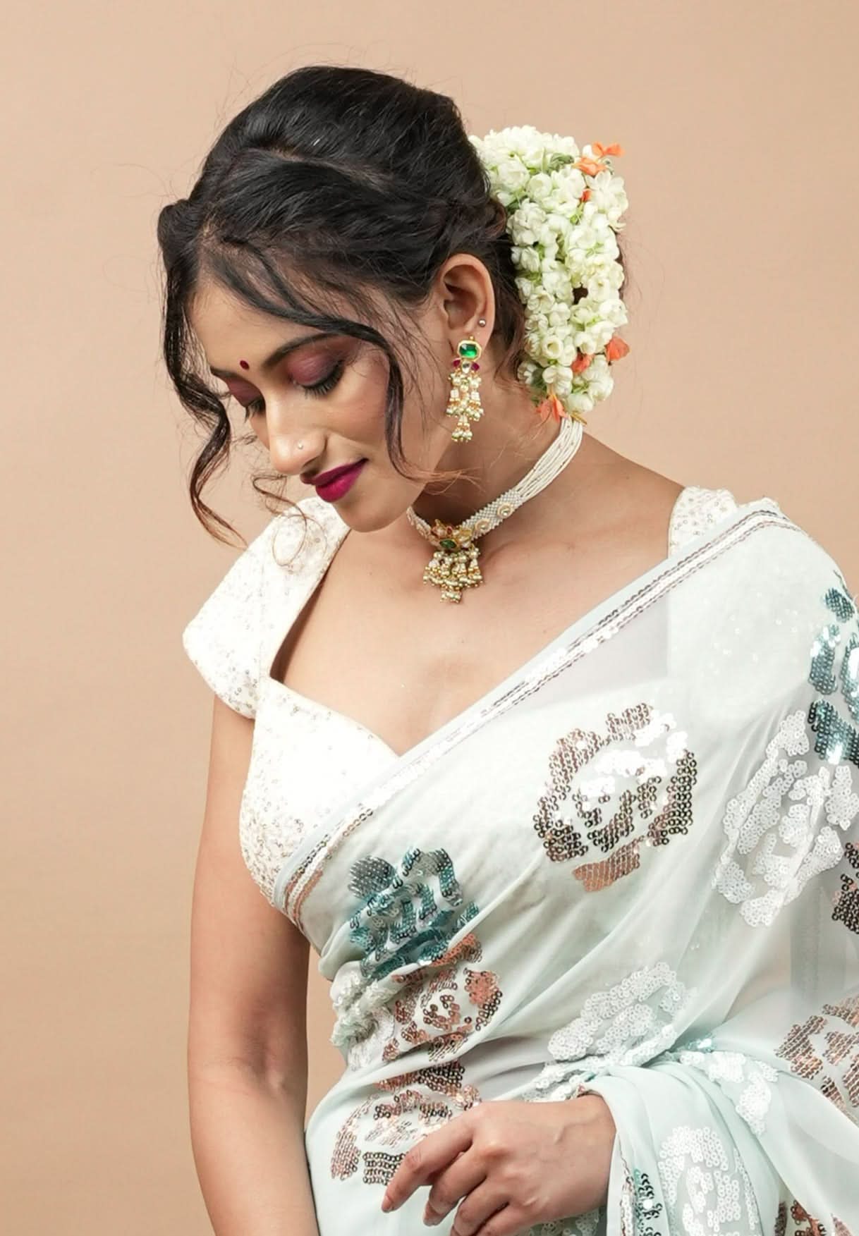 White Sequin Blouse with Queen Anne Neckline and cap sleeves | Shobitam