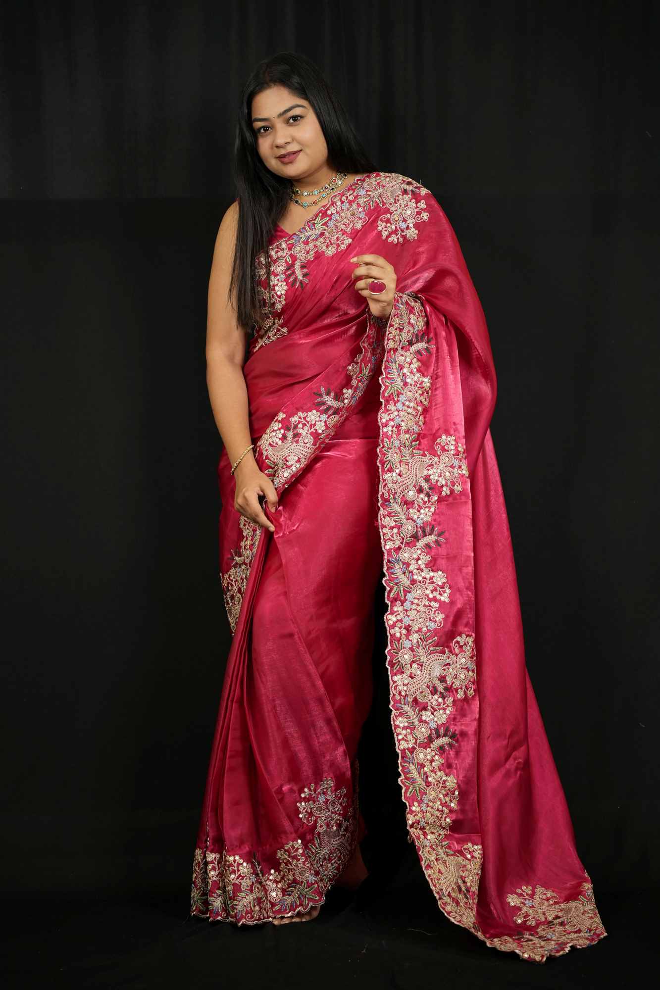 Jimmi Chu Chiffon Silk Sequin & Multi-Thread Embroidered Ready-to-Wear Saree