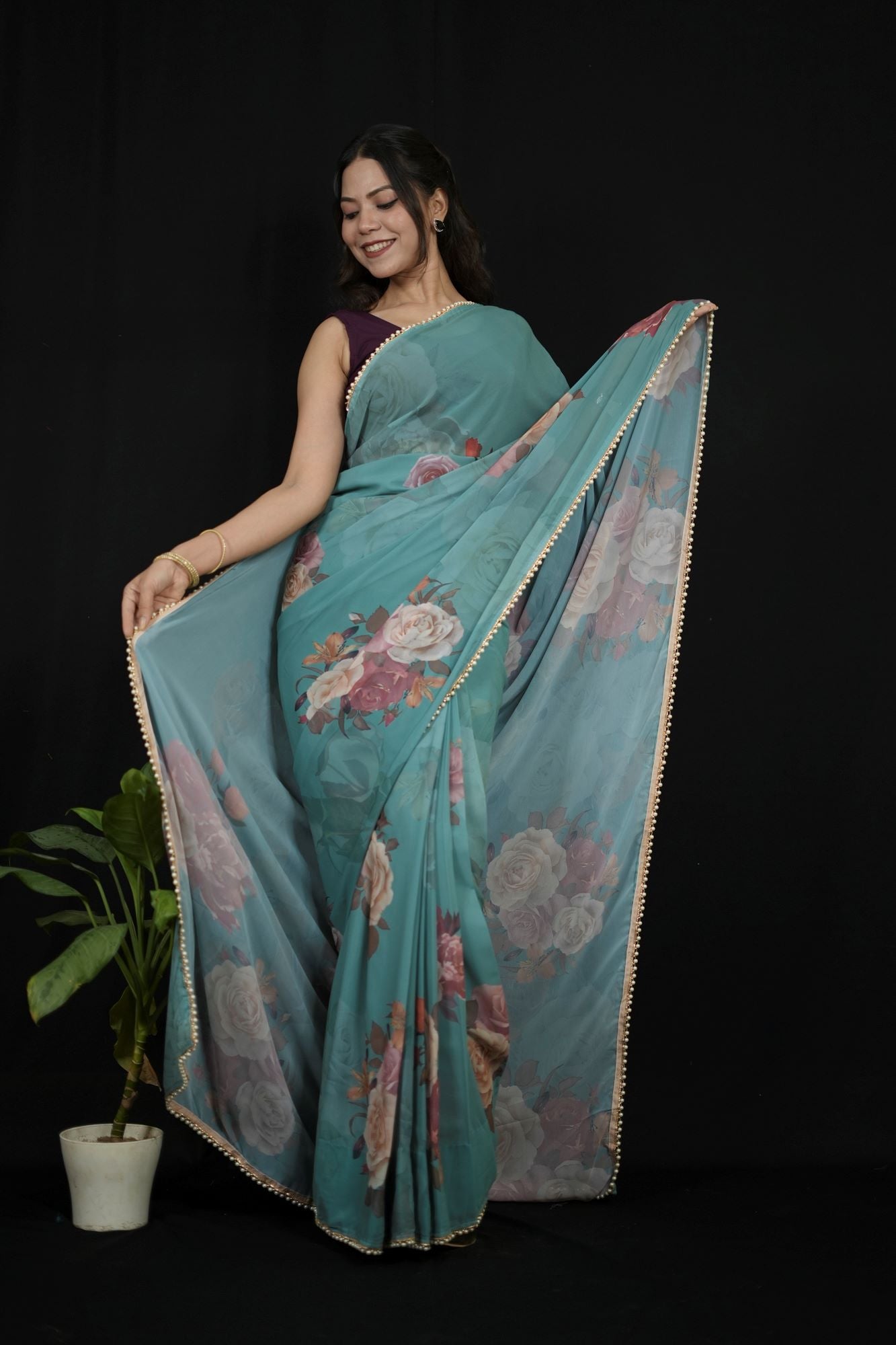 Green Georgette Floral Printed with Pearl Lace Border
