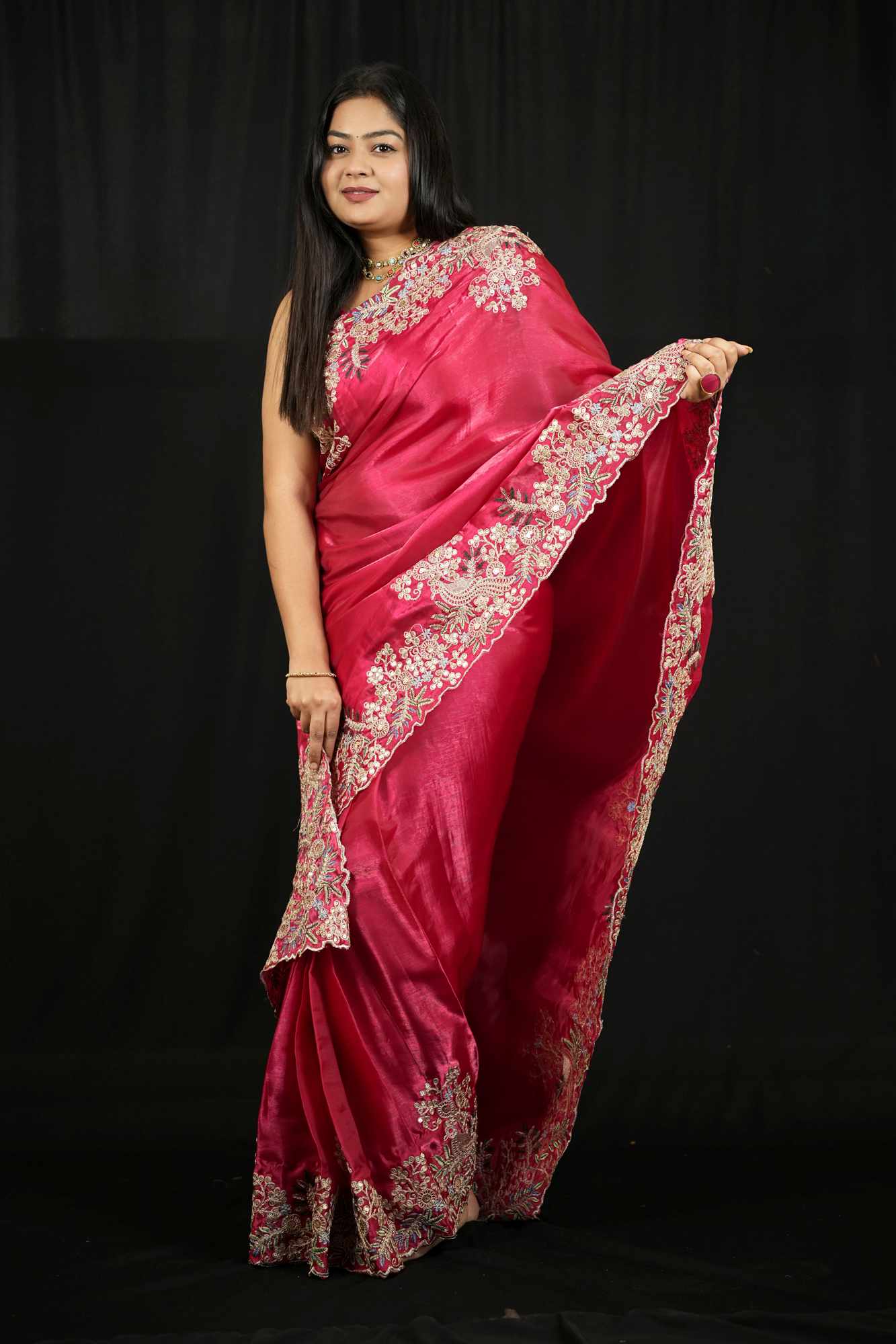 Jimmi Chu Chiffon Silk Sequin & Multi-Thread Embroidered Ready-to-Wear Saree