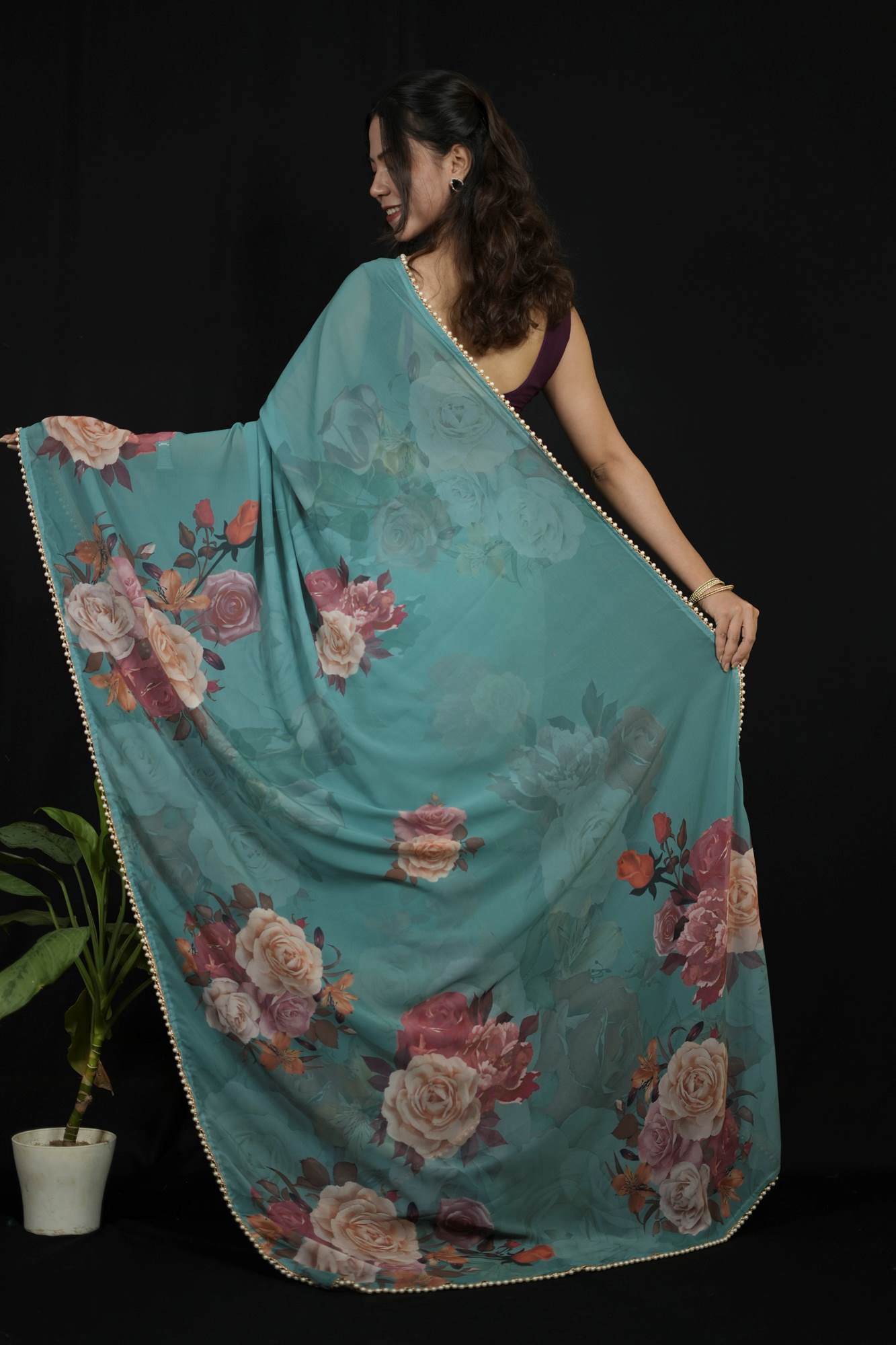 Green Georgette Floral Printed with Pearl Lace Border
