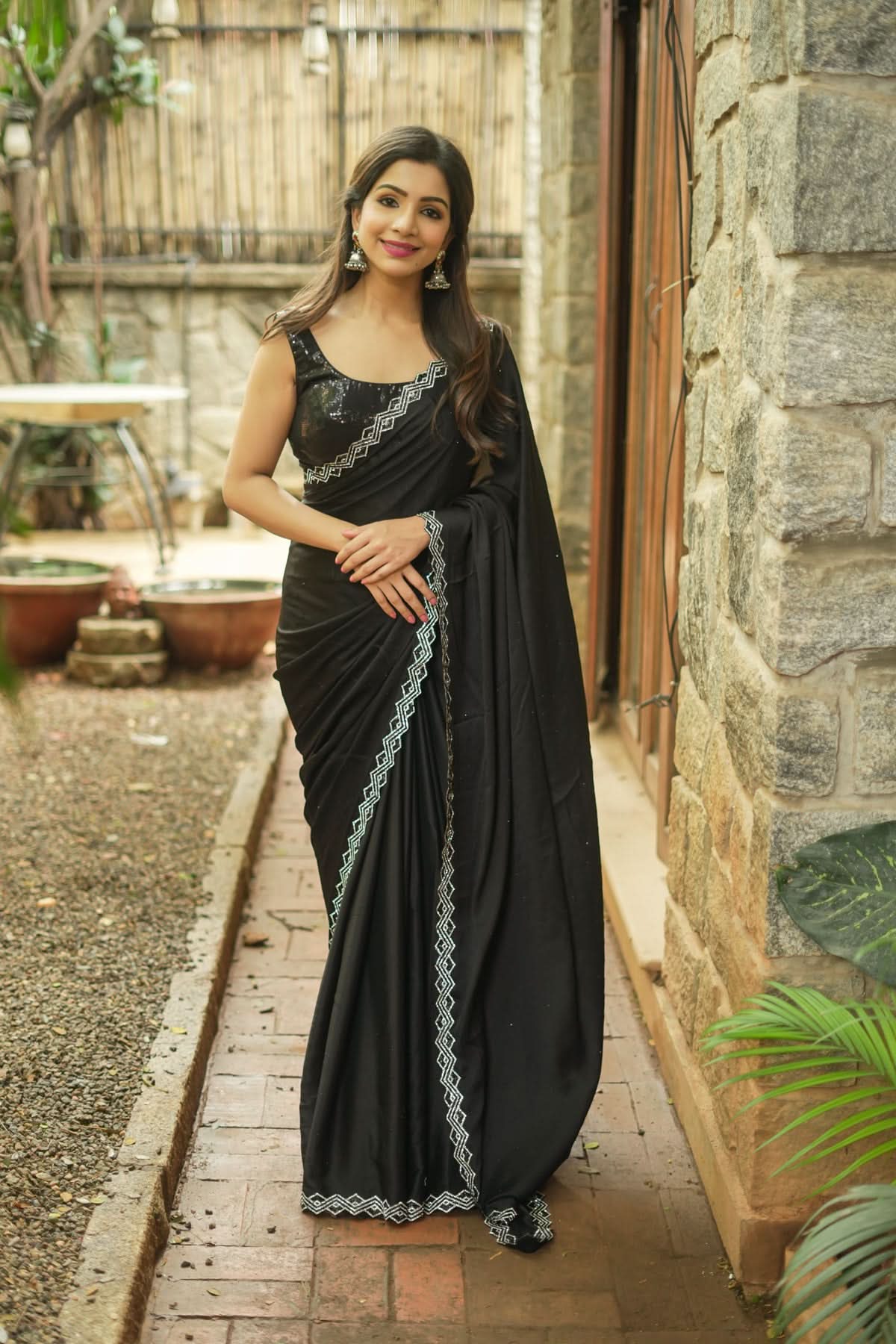Shamoo Satin Silk saree in Black with elegant crystal work | Shobitam