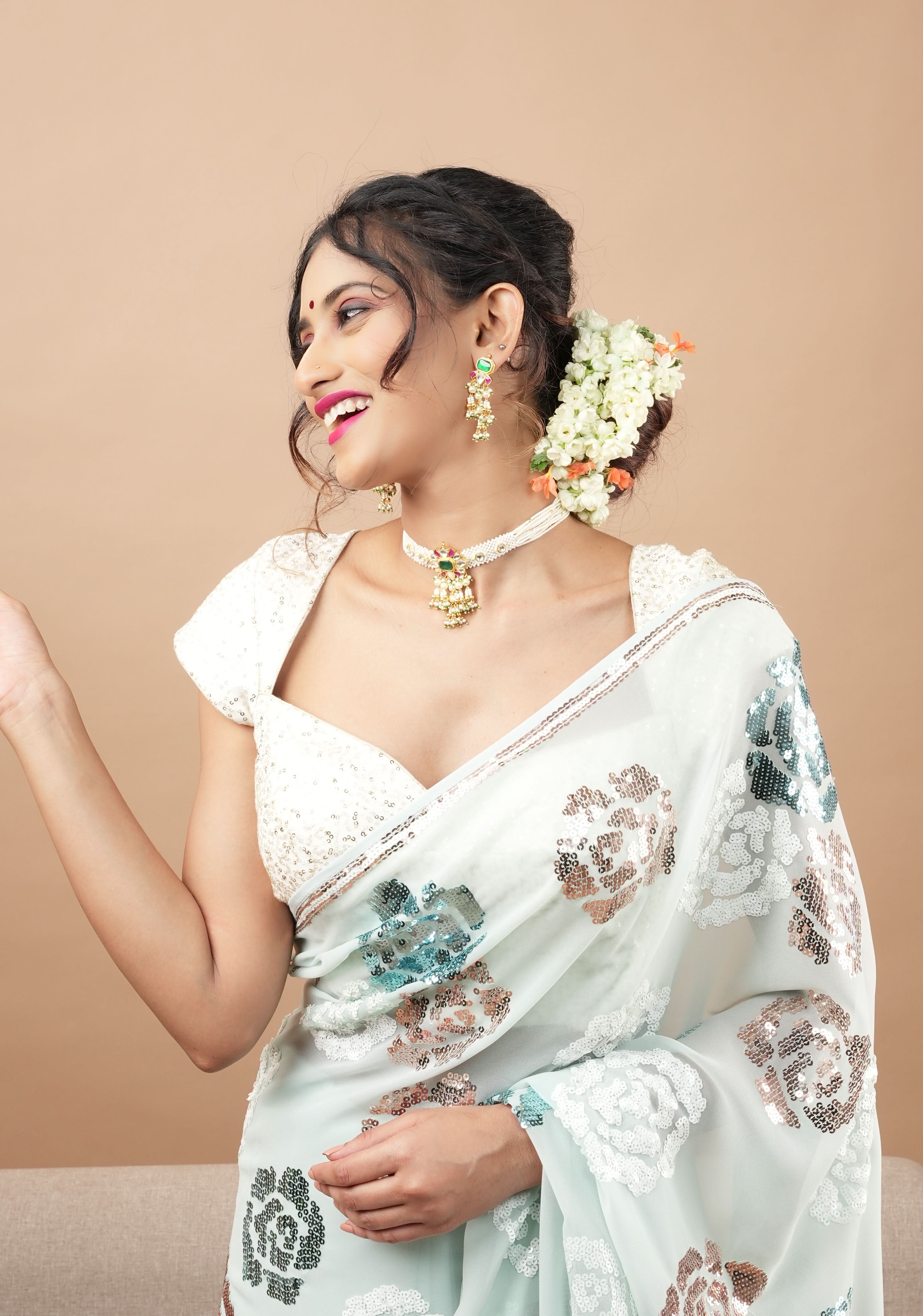 Ornate Jadau Floral Pendant on Multistrand Necklace Set with Dangling pearls | Shobitam Jewelry