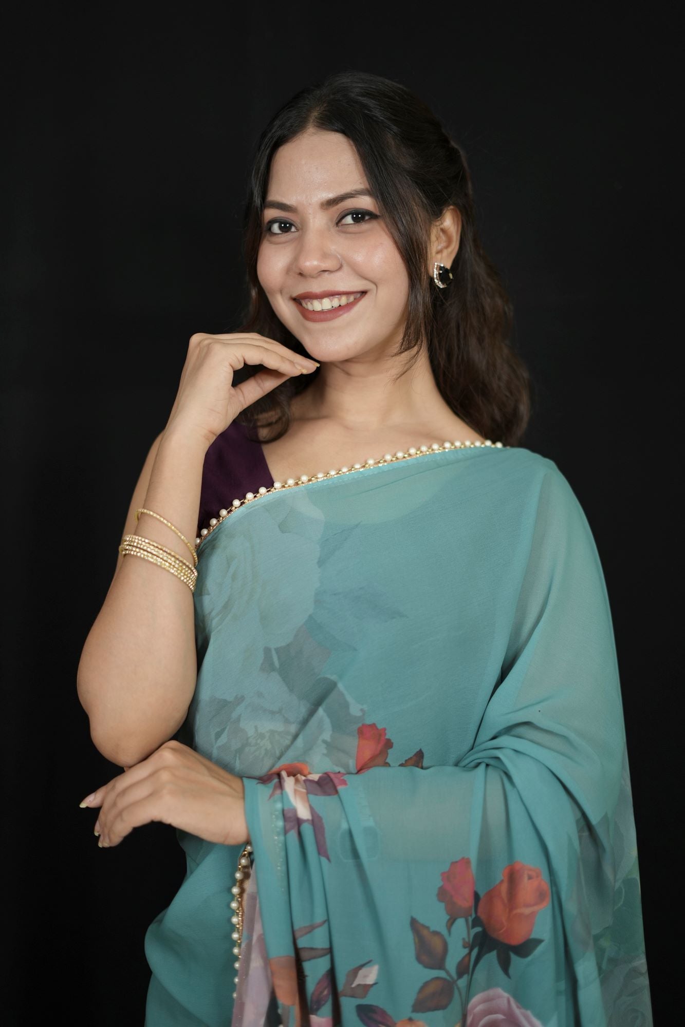 Green Georgette Floral Printed with Pearl Lace Border