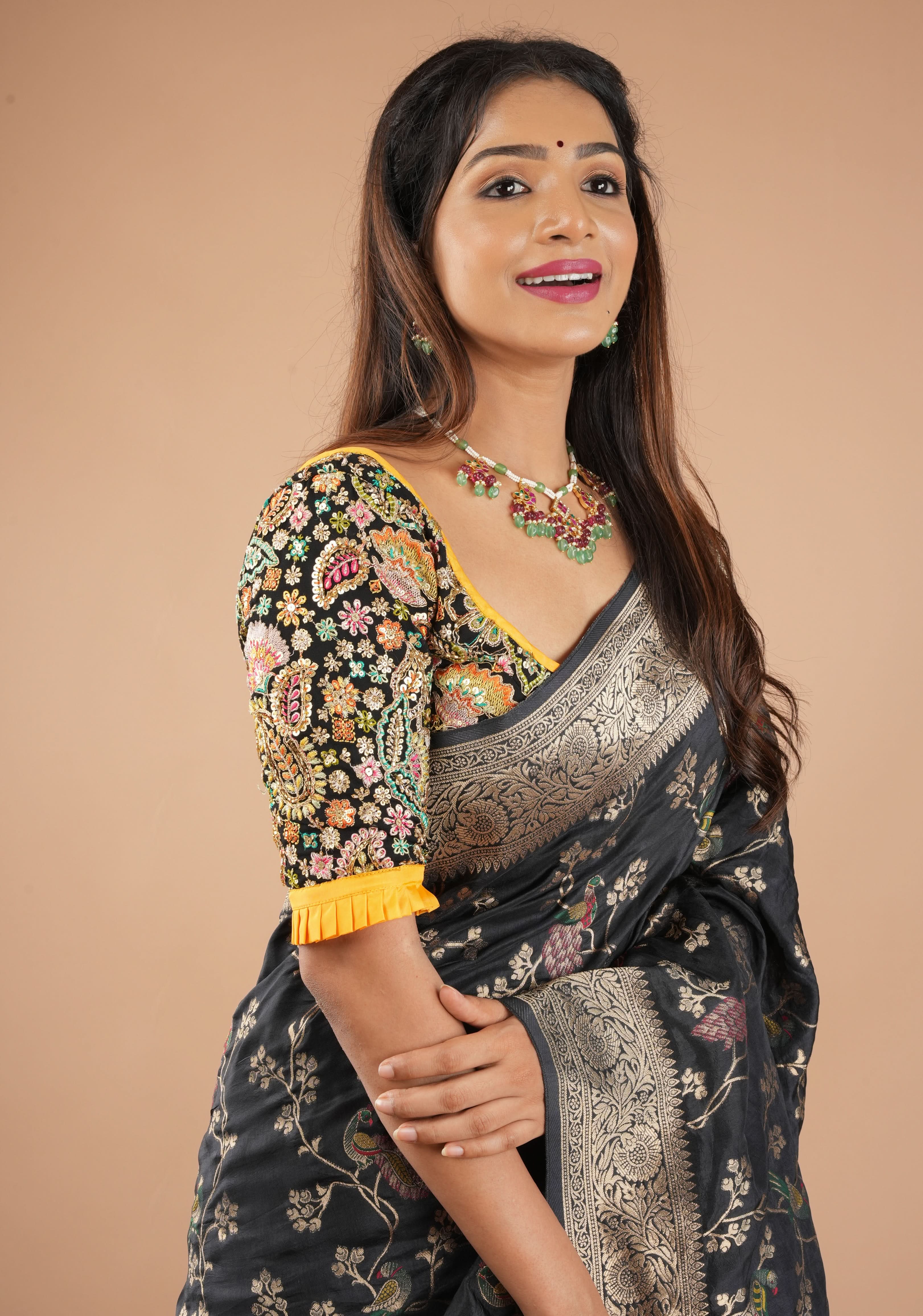 Black Georgette Floral Embroidery and Sequin - Cutdana Embellished blouse with yellow trims, Customizable, Made to Order | Shobitam