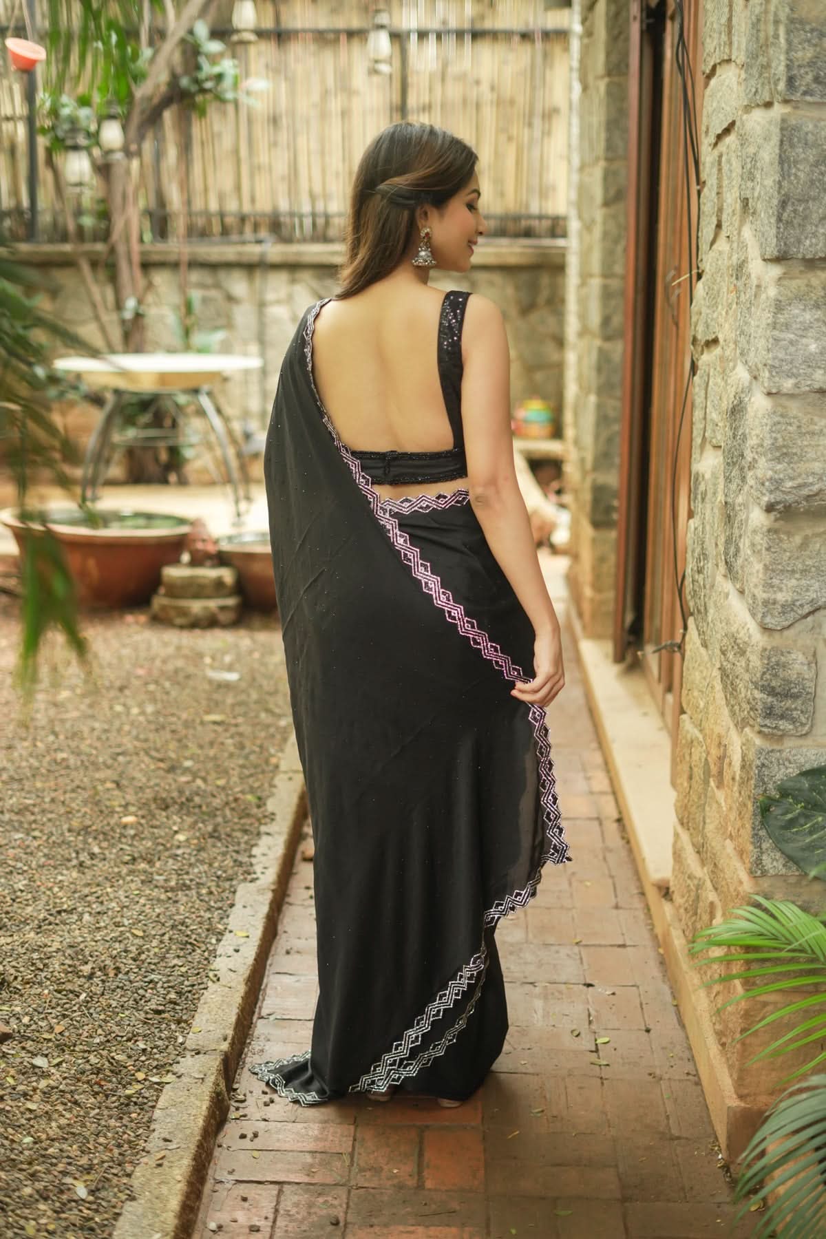 Shamoo Satin Silk saree in Black with elegant crystal work | Shobitam