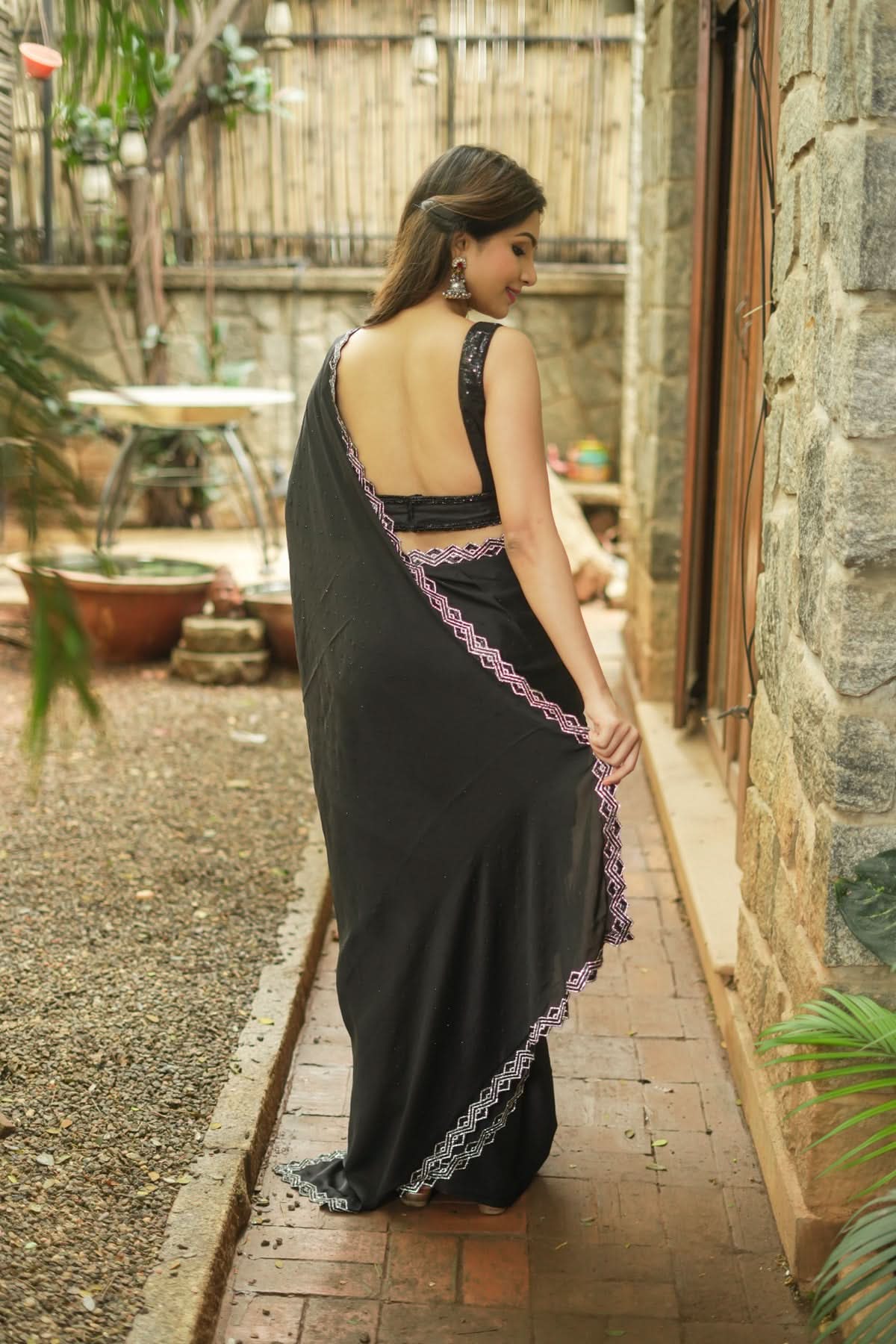 Shamoo Satin Silk saree in Black with elegant crystal work | Shobitam