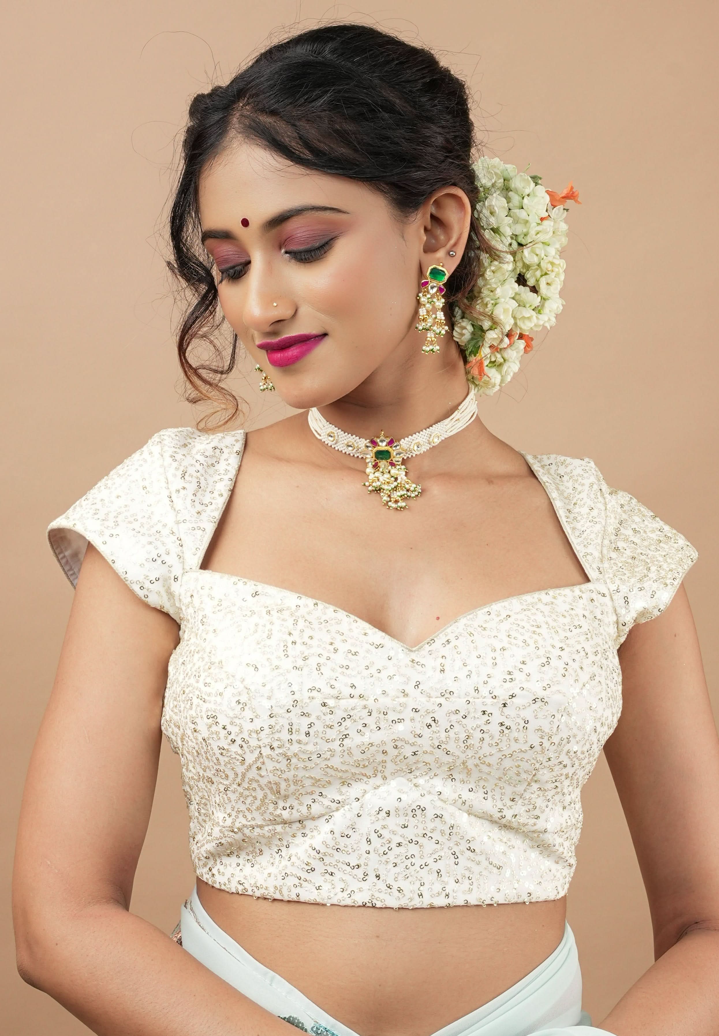 White Sequin Blouse with Queen Anne Neckline and cap sleeves | Shobitam
