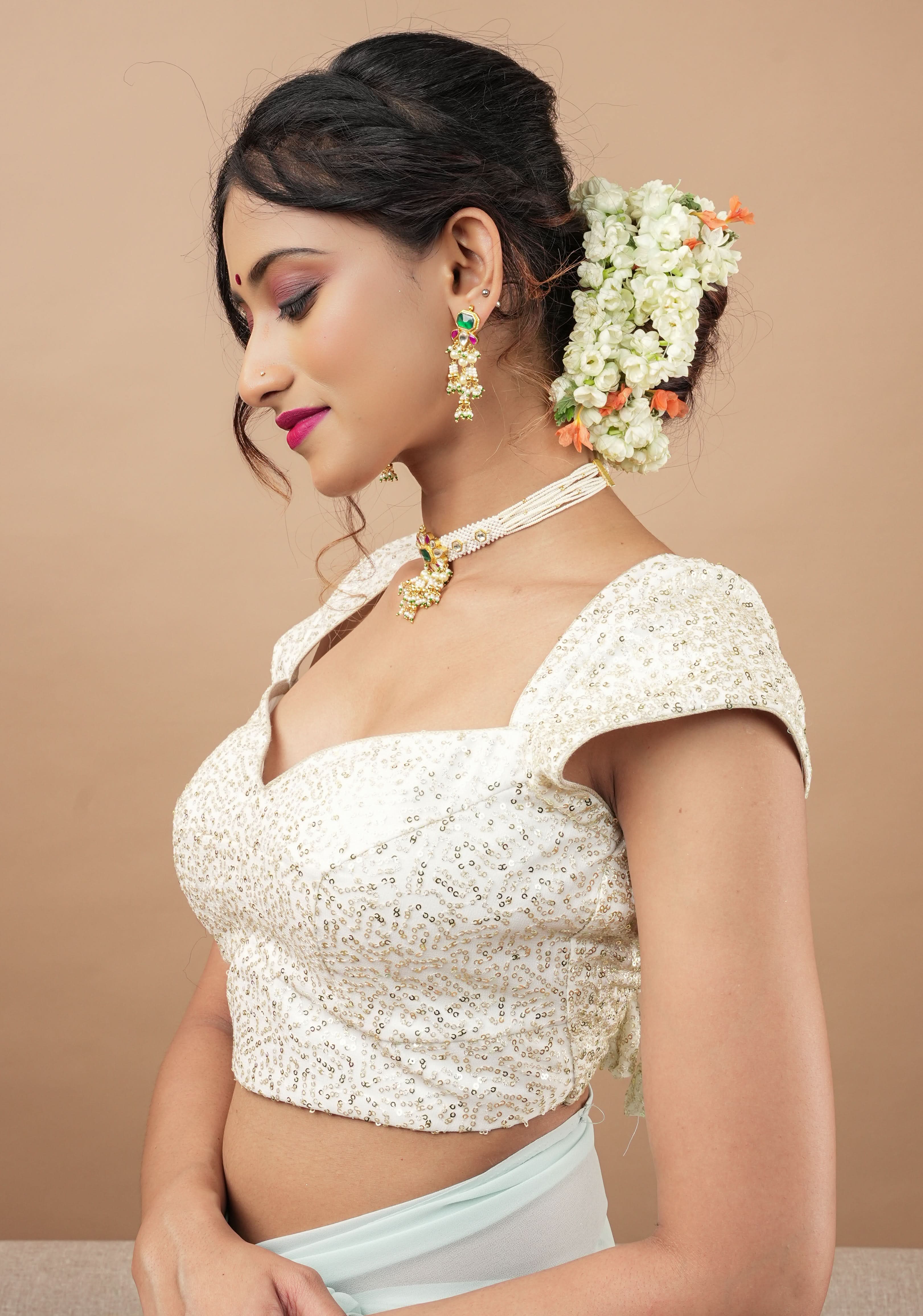 White Sequin Blouse with Queen Anne Neckline and cap sleeves | Shobitam