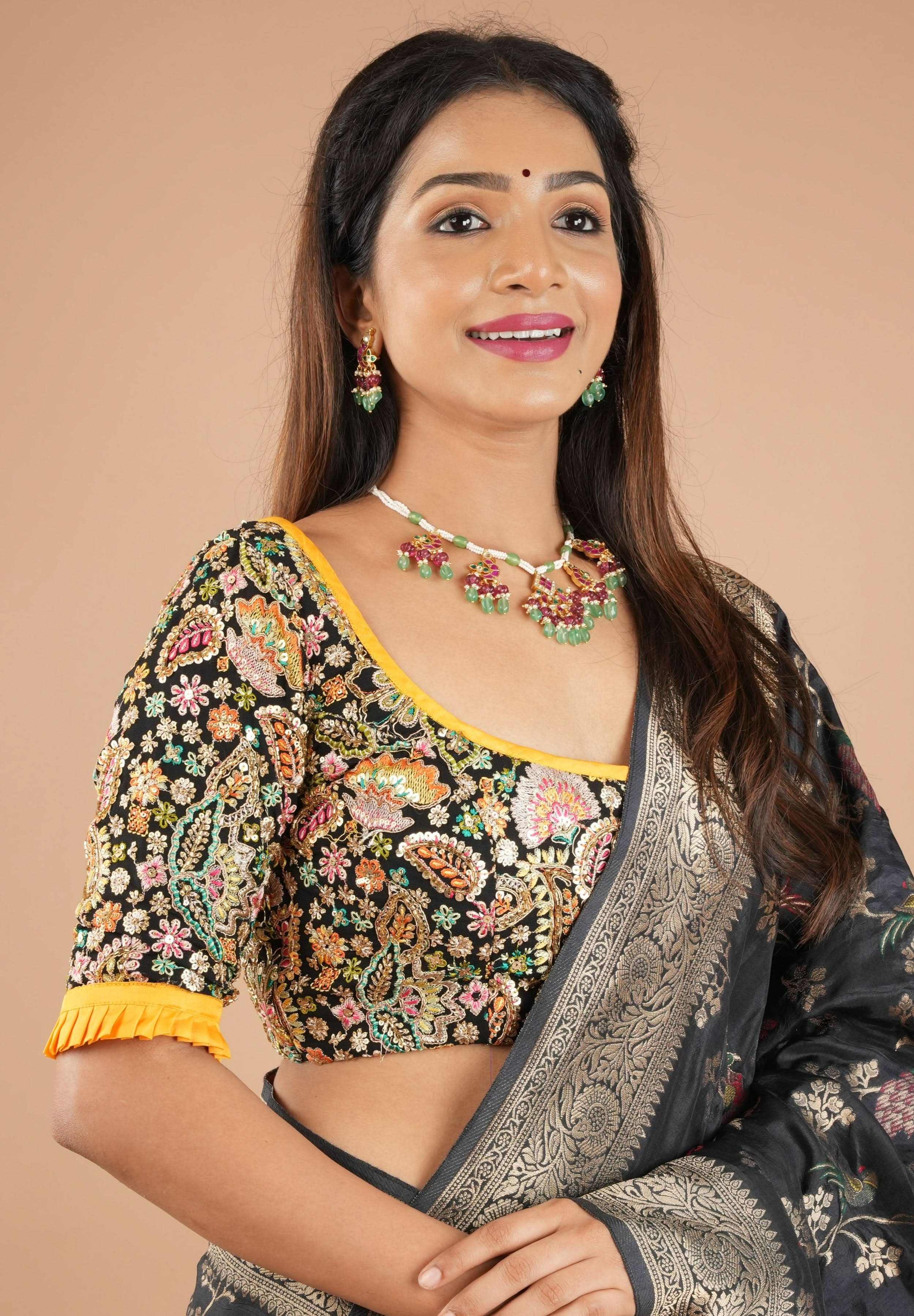 Black Georgette Floral Embroidery and Sequin - Cutdana Embellished blouse with yellow trims, Customizable, Made to Order | Shobitam