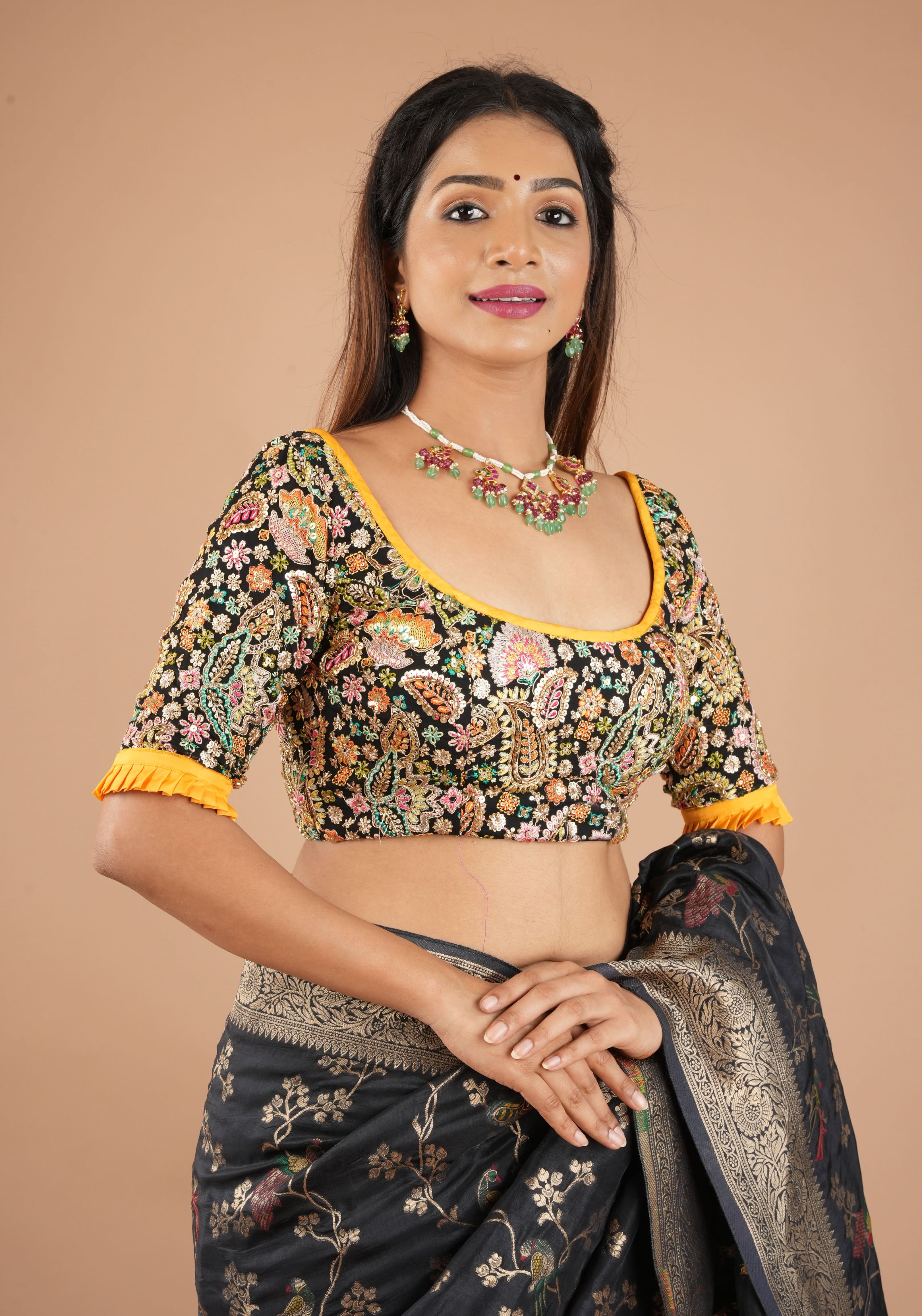 Black Georgette Floral Embroidery and Sequin - Cutdana Embellished blouse with yellow trims, Customizable, Made to Order | Shobitam