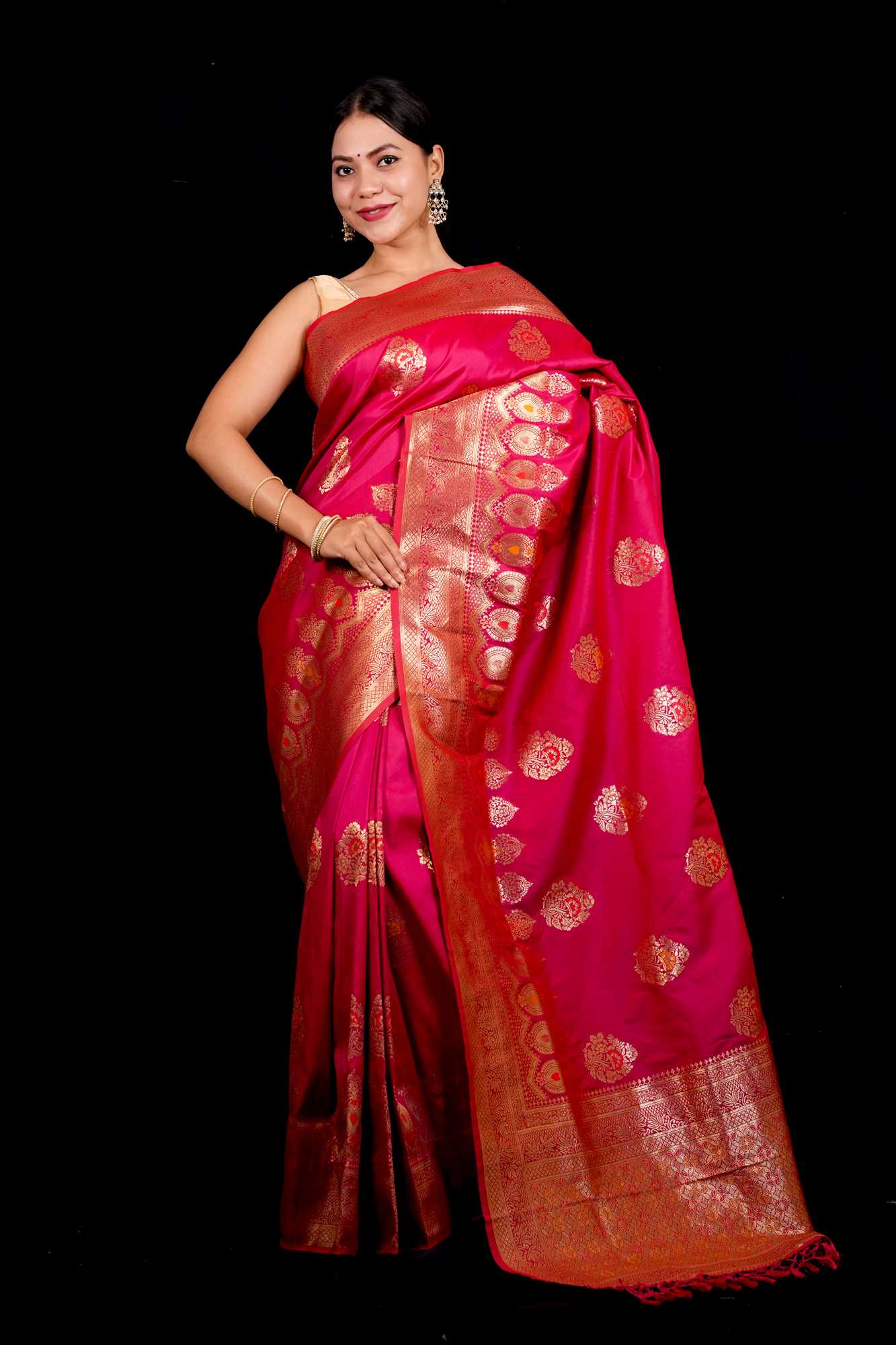 Dupion Warm Silk Pink Banarasi with Gold Zari & Kadwa Weave Ready To wear Saree