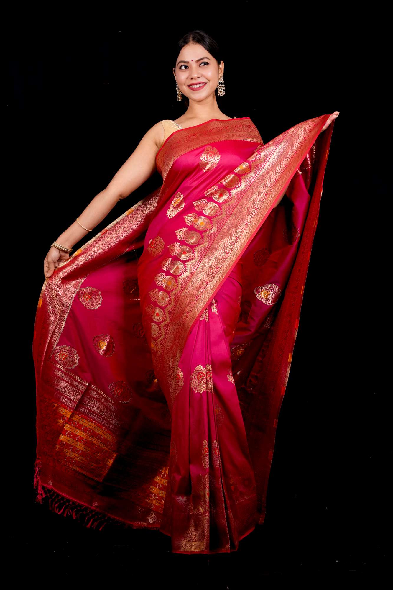 Dupion Warm Silk Pink Banarasi with Gold Zari & Kadwa Weave Ready To wear Saree