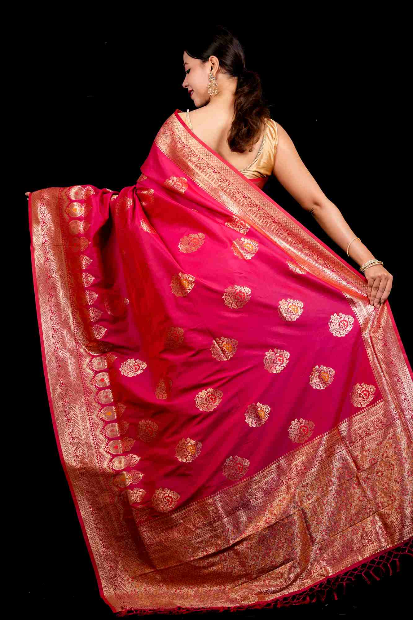 Dupion Warm Silk Pink Banarasi with Gold Zari & Kadwa Weave Ready To wear Saree