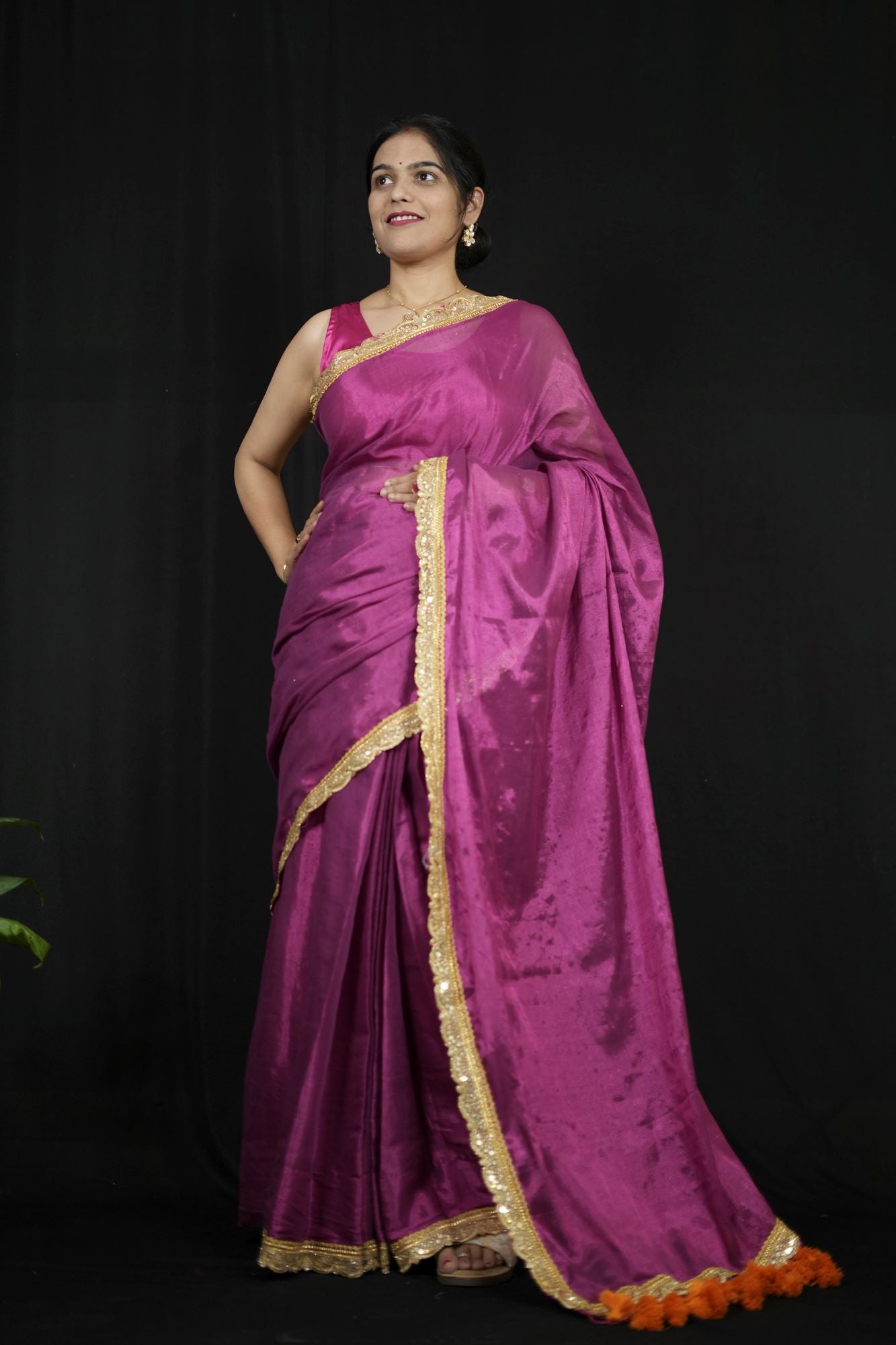Raga Tissue Linen with Embroidered Border & contrast tassel On pallu Wrap in 1 Minute saree