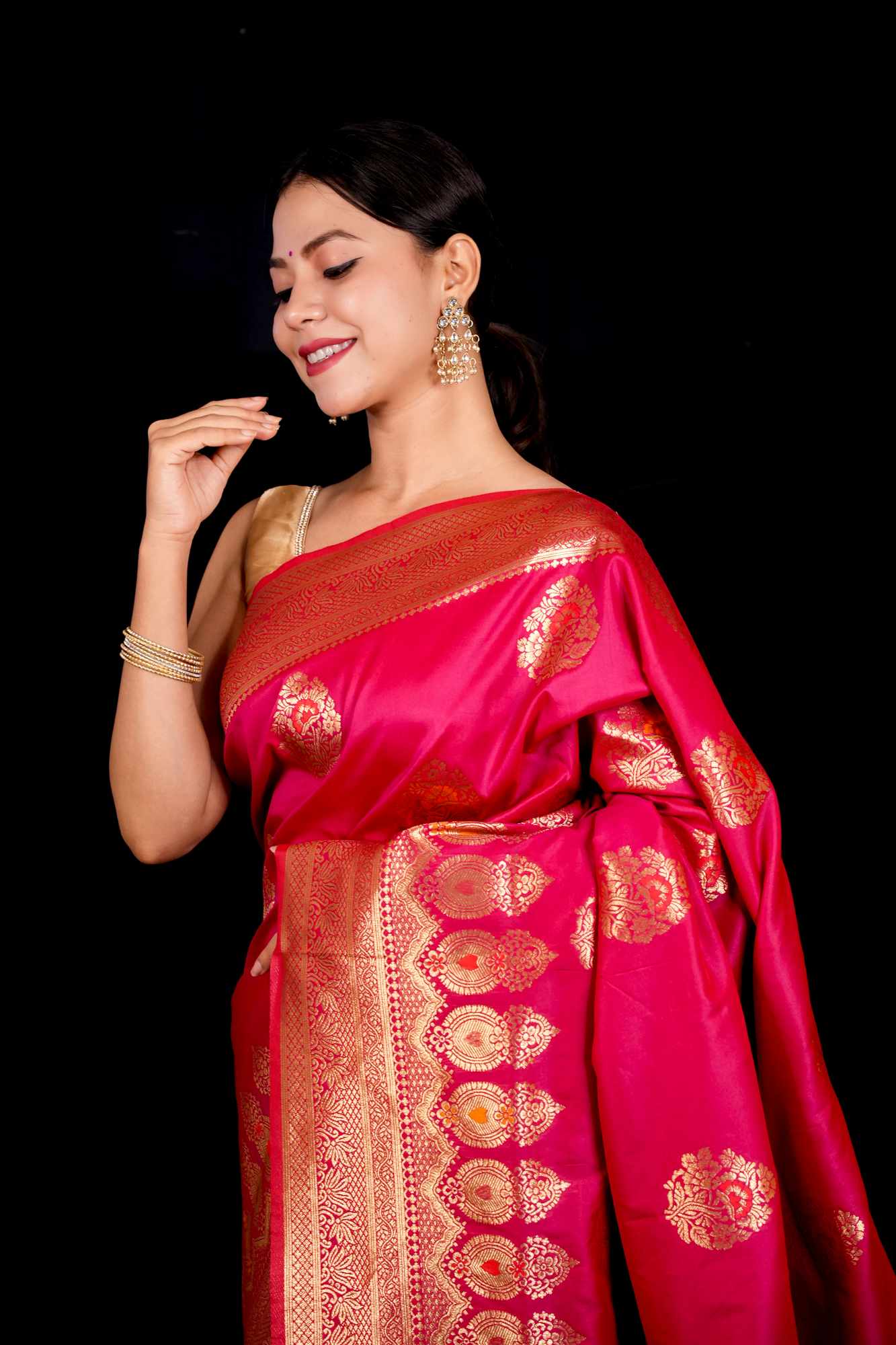 Dupion Warm Silk Pink Banarasi with Gold Zari & Kadwa Weave Ready To wear Saree